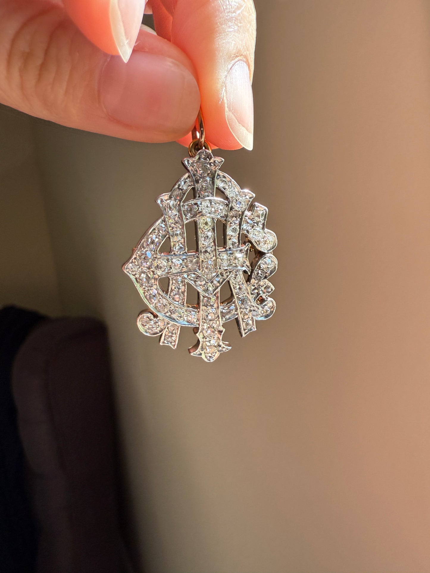 AEI Amity Eternity Infinity Antique 2.5 Carat Old Mine Rose Cut Diamond Initial XL Pendant Heavy Figural 14k Gold Platinum