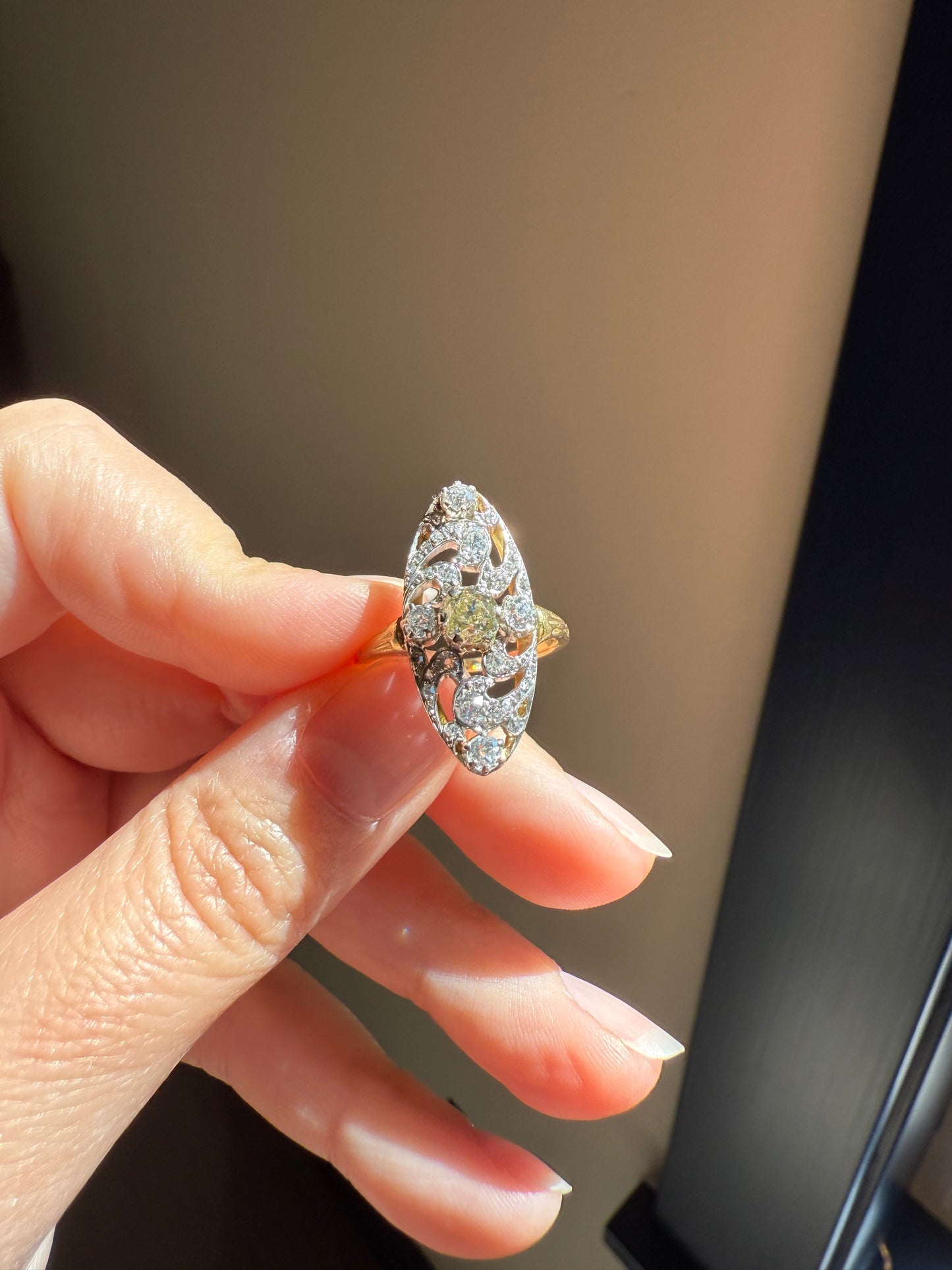 Ornate 1 Carat + French Belle Epoque Oval Old Mine Rose Cut Diamond Pale Light Yellow Center 18k Gold Platinum Scroll