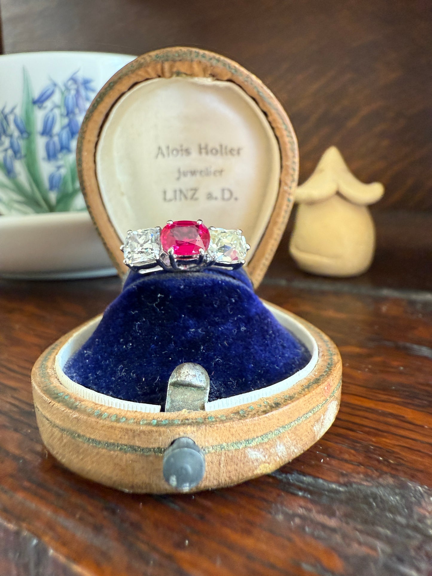 TALL Three Stone Square Old Mine Cut DIAMOND Natural Ruby 18k White Gold Ring Unique Stacker Setting Stackable Pinkish Red
