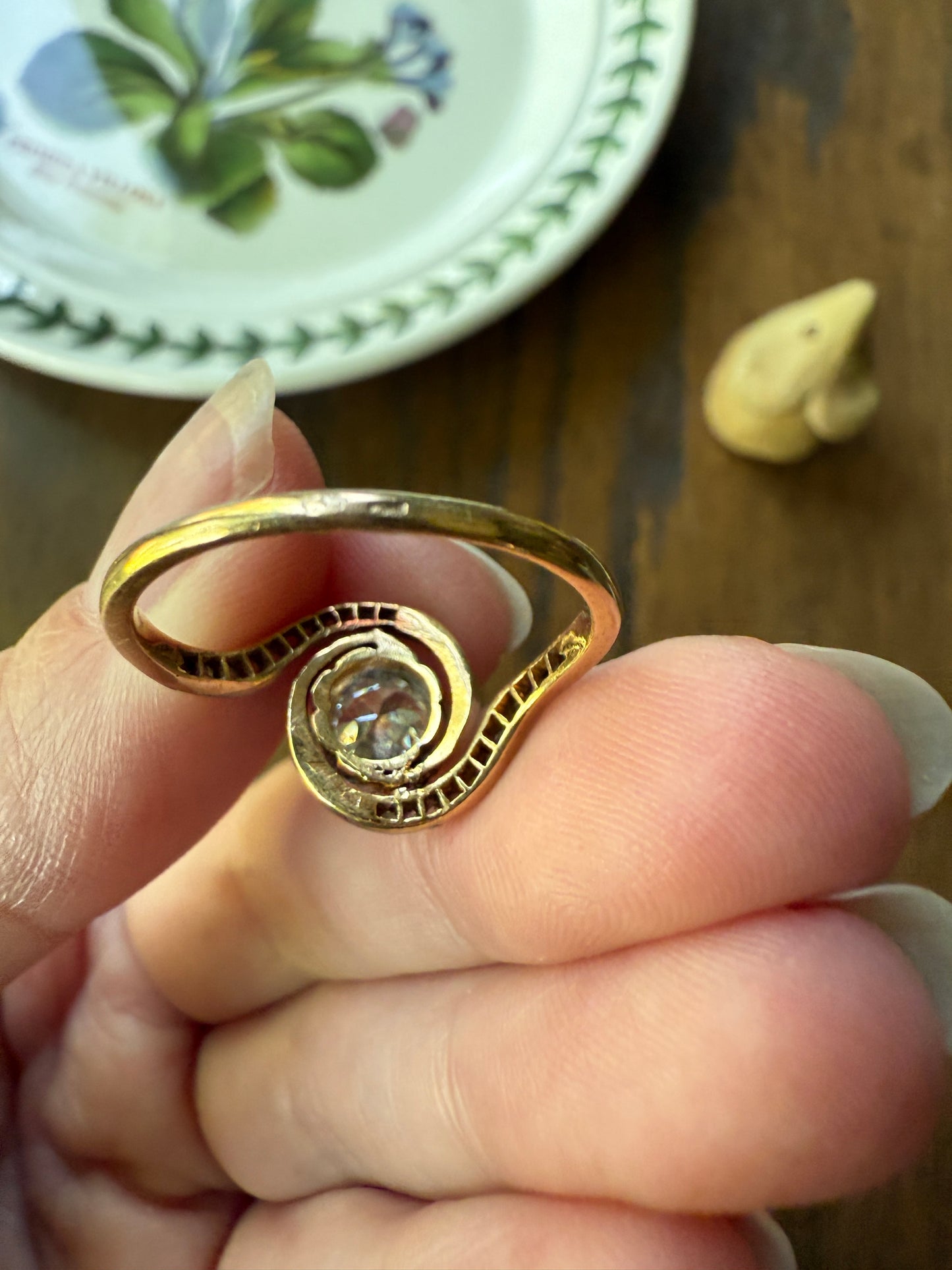 Turbillon French ANTIQUE Swirling 1.25 + Carat Old European Cut DIAMOND 18k Gold & PLATINUM Ring Bypass Rose Cut Halo