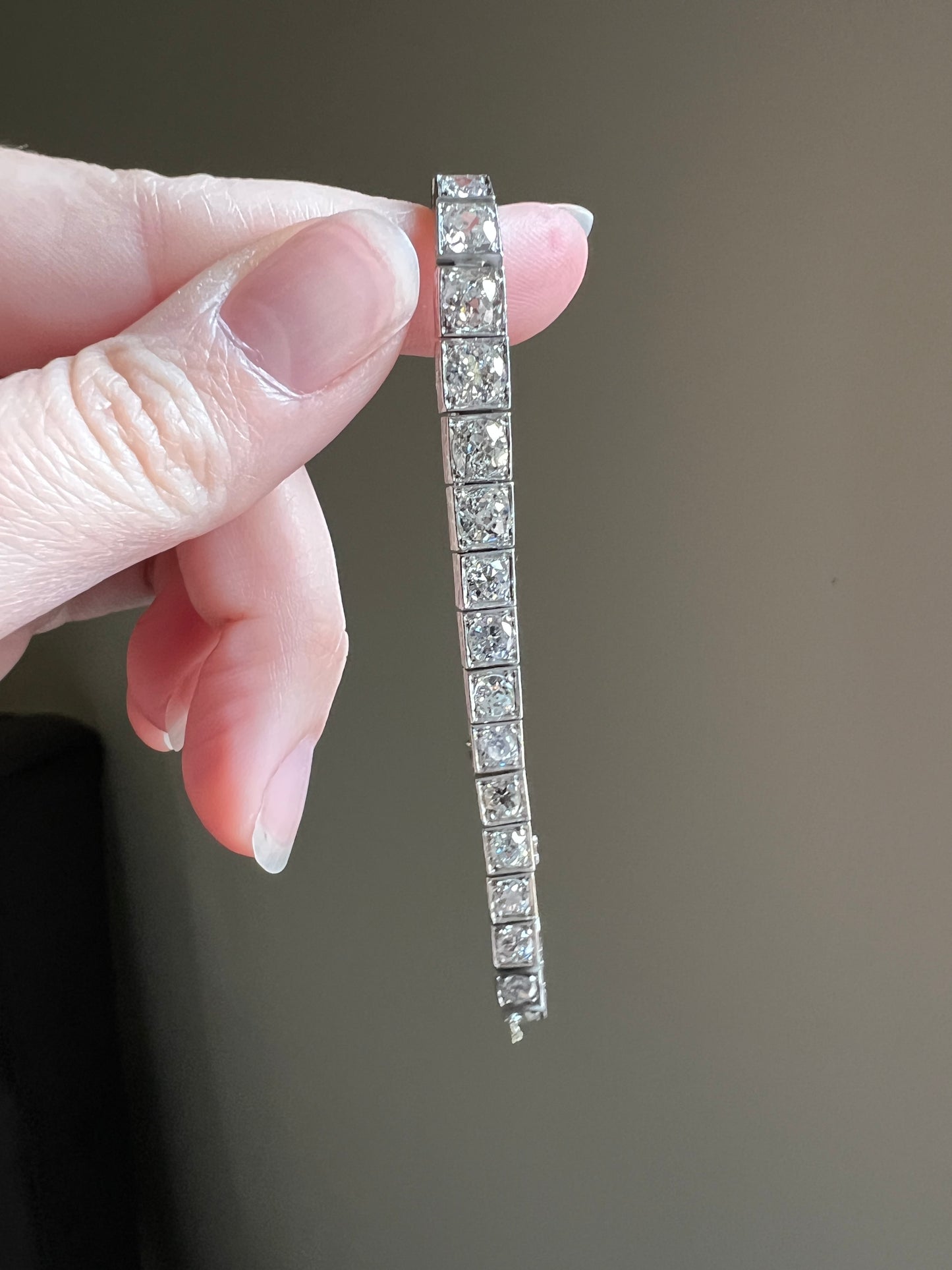 Antique 9.75 CARAT 38 Old European & Mine Cut DIAMOND Line Bracelet PLATINUM 18k White Gold French Geometric Engraved Tennis