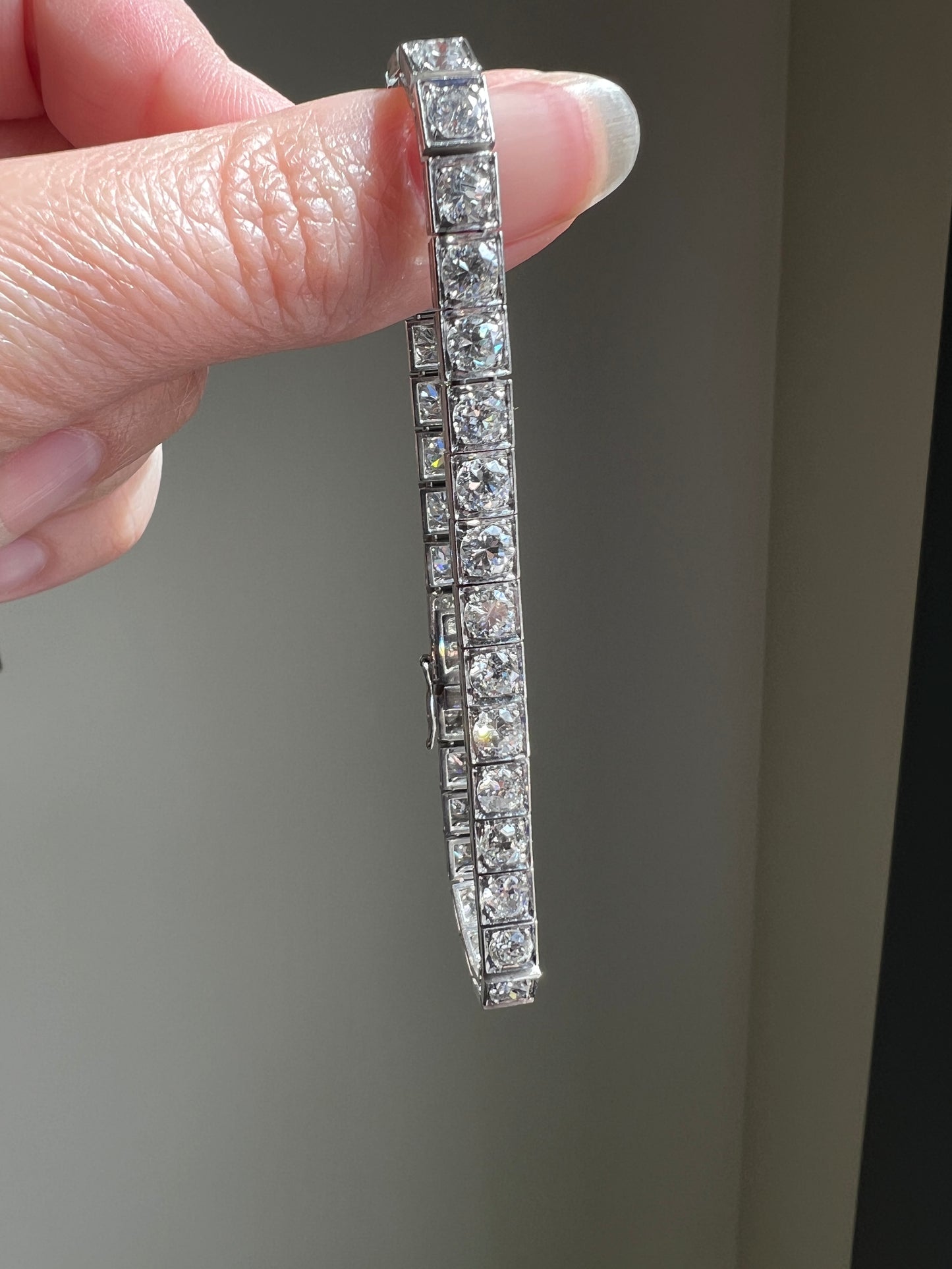Antique 9.5 CARAT 35 Old European & Mine Cut DIAMOND Line Riviera Tennis Bracelet Platinum French Square Bezel Rivere Wriststack 9.5Ctw OmC