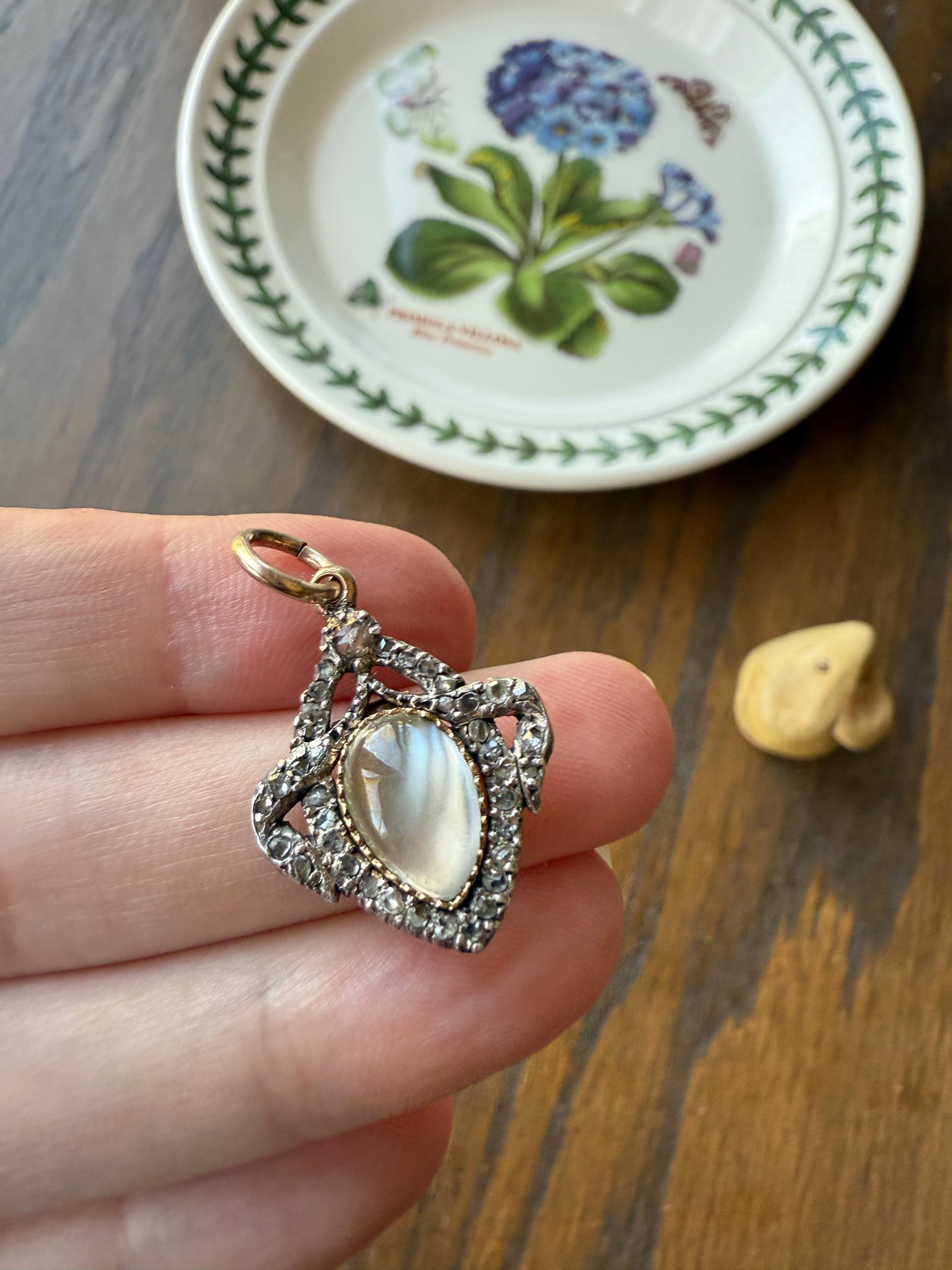 GEORGIAN Antique Bowed HEART Garland Halo Locket Back Pendant 10k Gold Silver Moonstone Rose Cut DIAMOND Magnifier Gift Figural