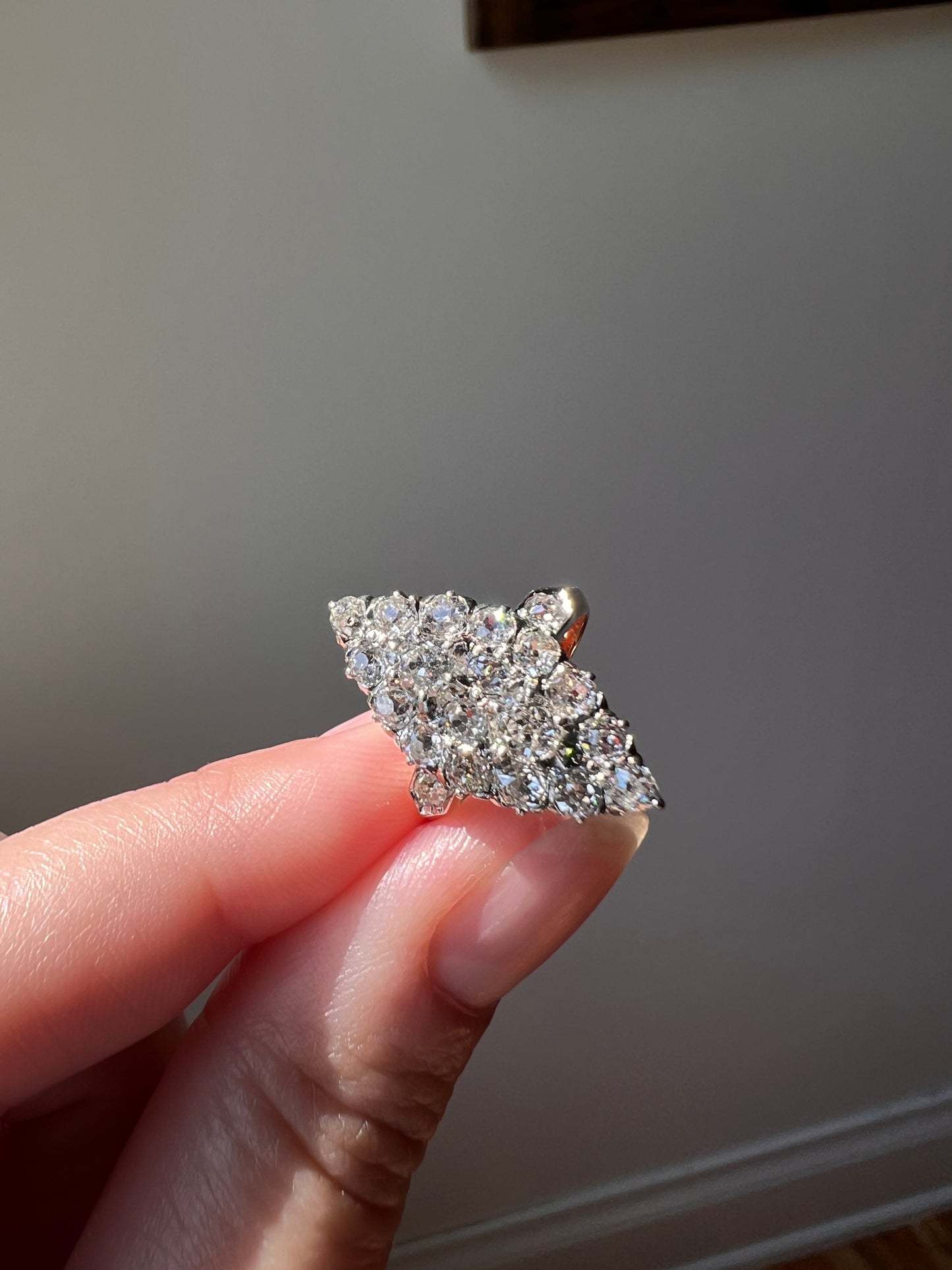 Unique Antique 1.75 Carat Old Mine Cut DIAMOND Toi et Moi Navette Cluster Ring French 18k Gold