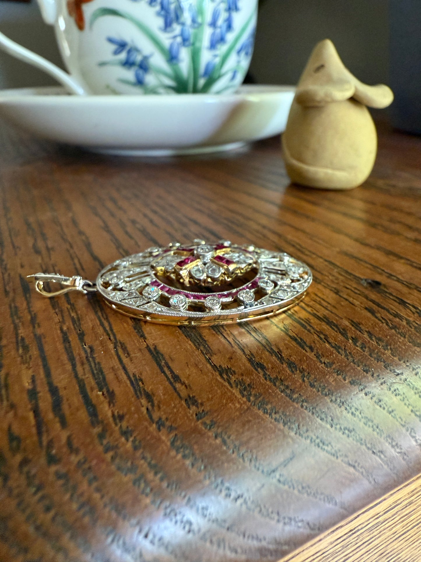 XL French Edwardian Ruby 1.75 Carat Old Mine Rose Cut DIAMOND 18k Gold Oval Pendant Open Work Medallion Pink Carre Cut Halo