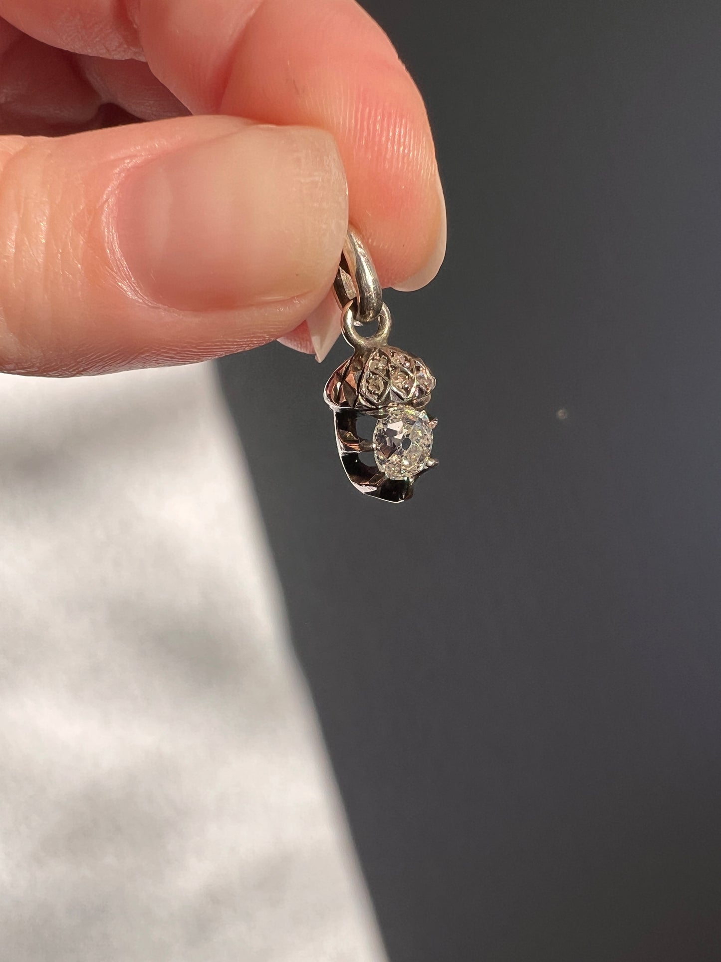 ACORN Eye Clean .65 Carat Old Mine Cut DIAMOND Rose Cut French Victorian ANTIQUE Figural Pendant 18k Gold Silver