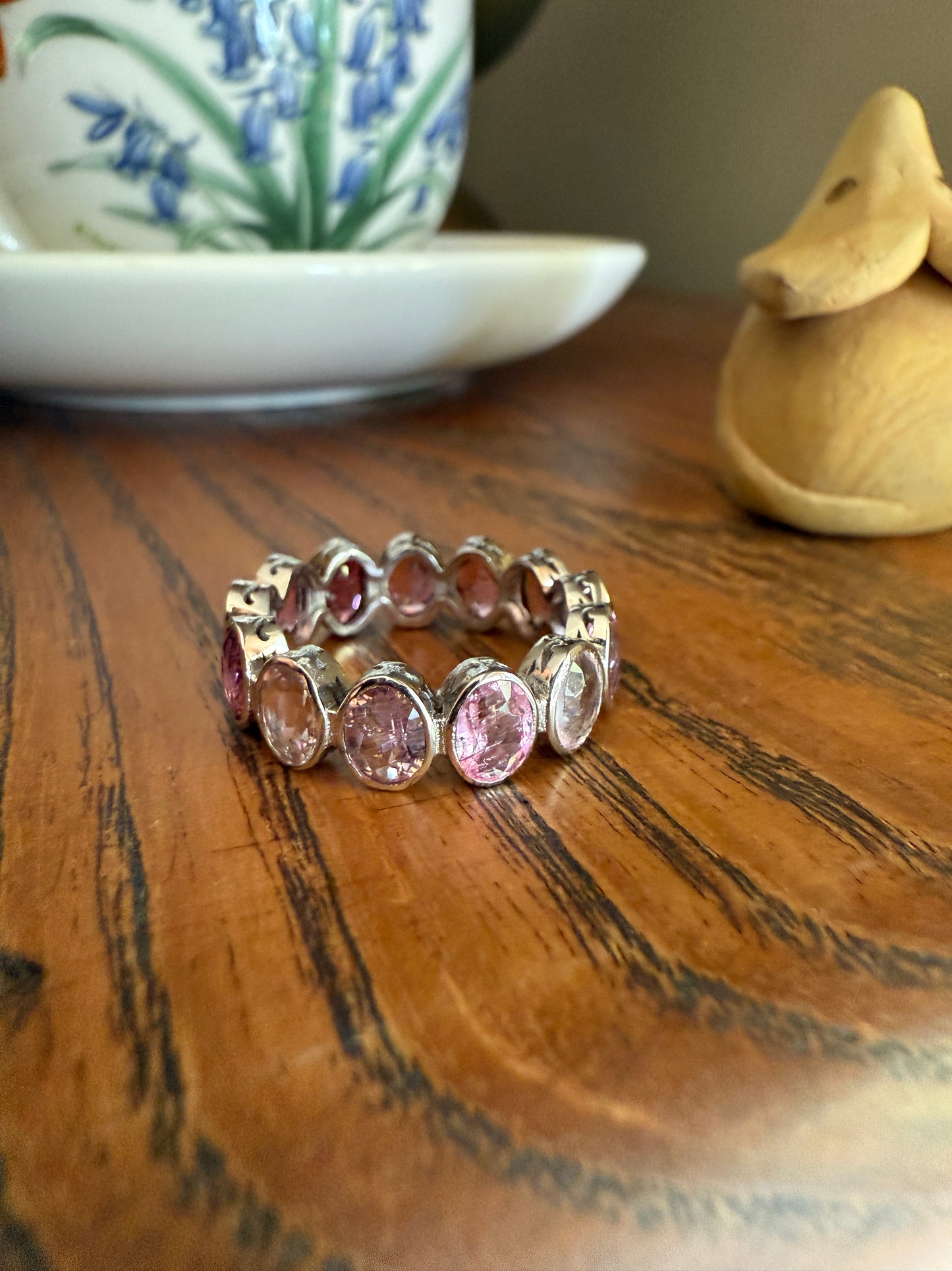 PINK TOURMALINE 5 Carats Natural French Vintage ETERNITY Ring 14k White Gold Wide Band Oval Pale Dusty Rose Light Dark Hue Chunky Stacker