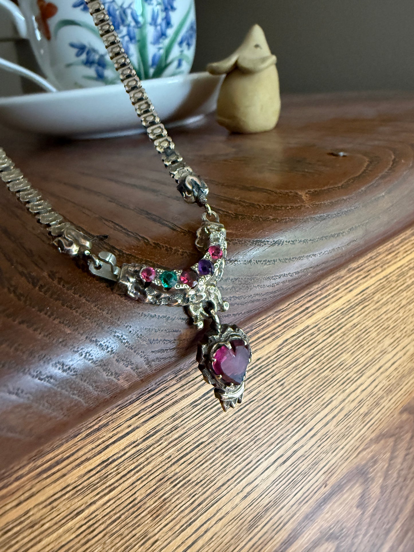 REGARD Old Mine Cut Diamond Amethyst Garnet Paste HEART Antique VICTORIAN Book Chain Necklace Pendant 10k Pale Gold