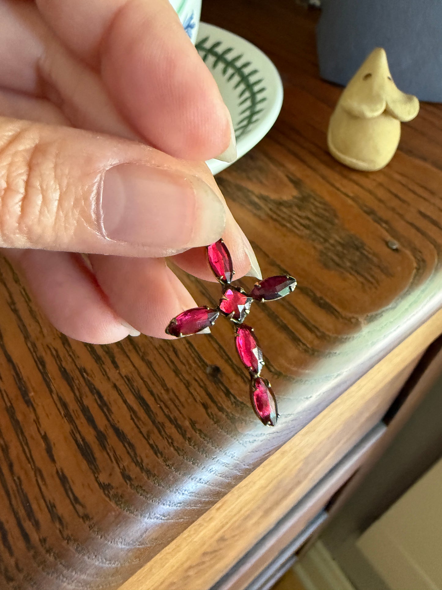 CROSS Figural Pendant French Antique Gold Fill Vibrant Pink Fuchsia Paste Rhinestone Faux Perpignan Garnet Marquise