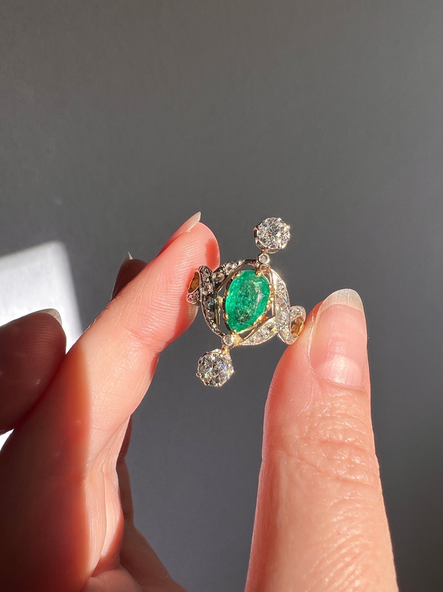 Antique Belle Epoque Pear EMERALD 1.5 Carat Rose Old Mine Cut Diamond XL Swirl Ring French 18k Gold