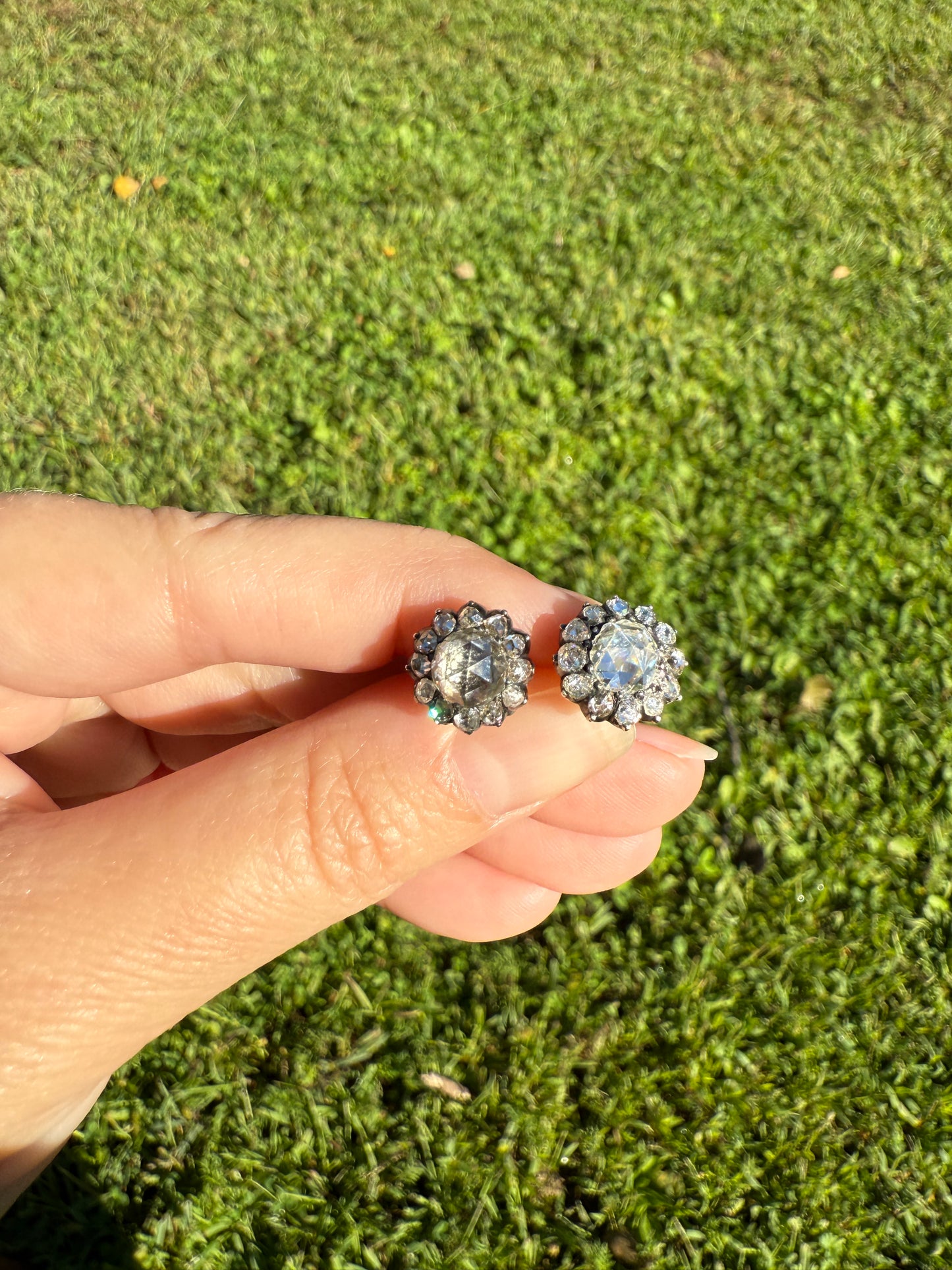 Gorgeous Rose Cut DIAMOND Cluster Stud Earrings Domed Disco Balls w/ Halo 14k Gold Silver Chunky Foiled Stones