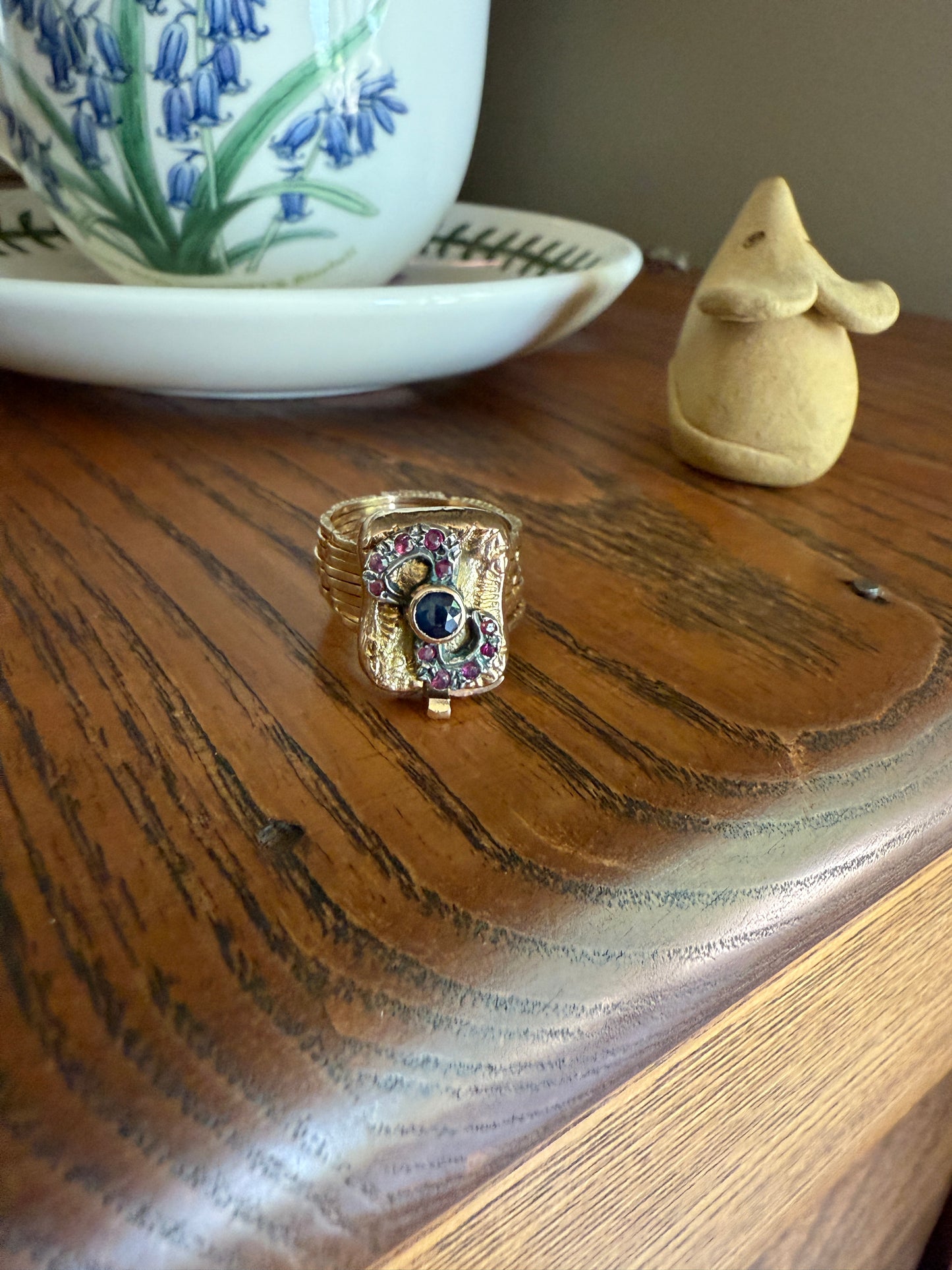 RARE 2 for 1 Convertible RING to BRACELET Surprise Antique Sapphire Ruby Bow 9k Gold Silver Top Clasp Expandable Secret