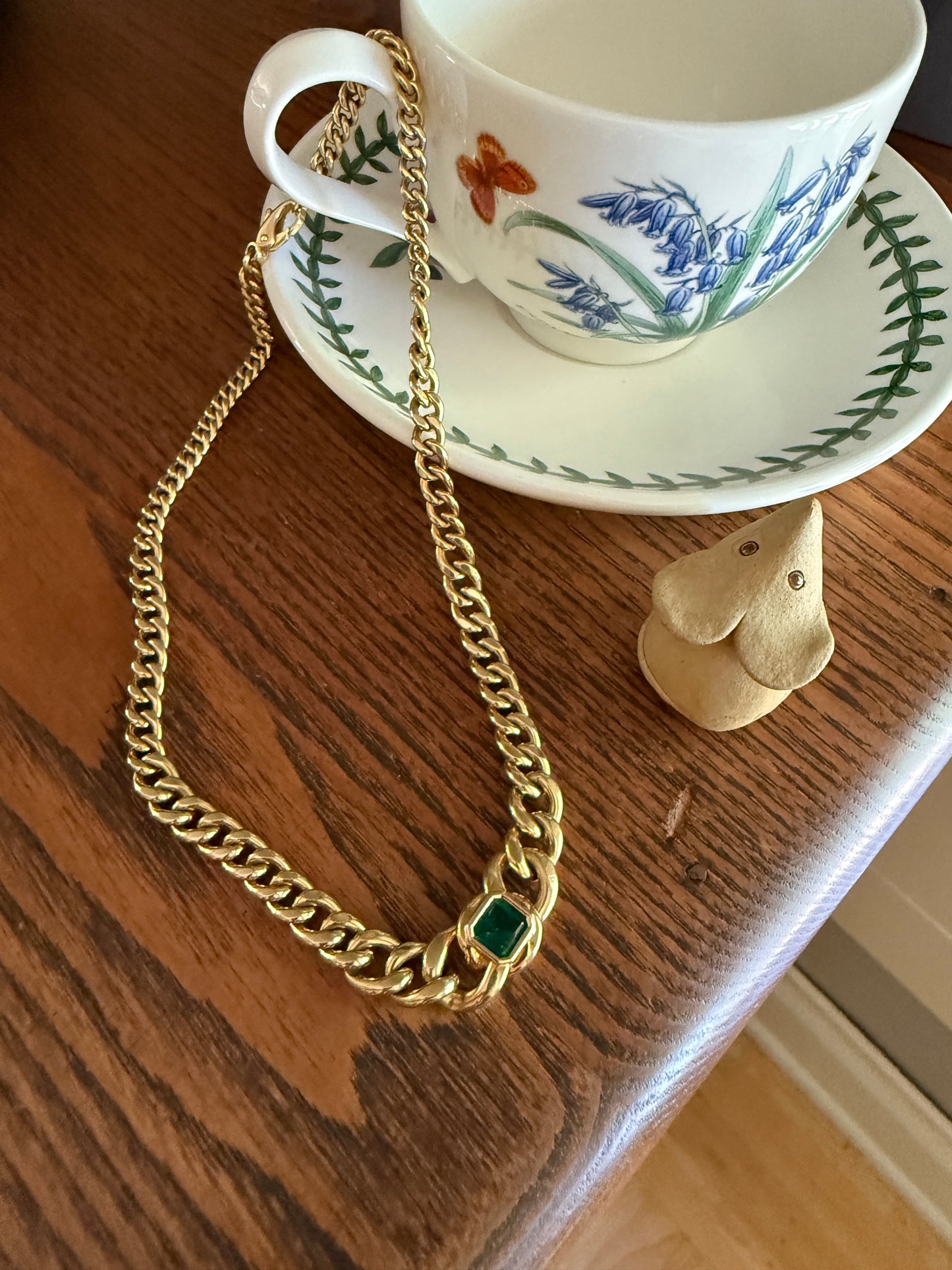 Vintage 26g 18k Gold Natural EMERALD French Curb Chain DATED Cert & ORIGINAL Gouache Drawing Design Heavy Unisex Chunky Green