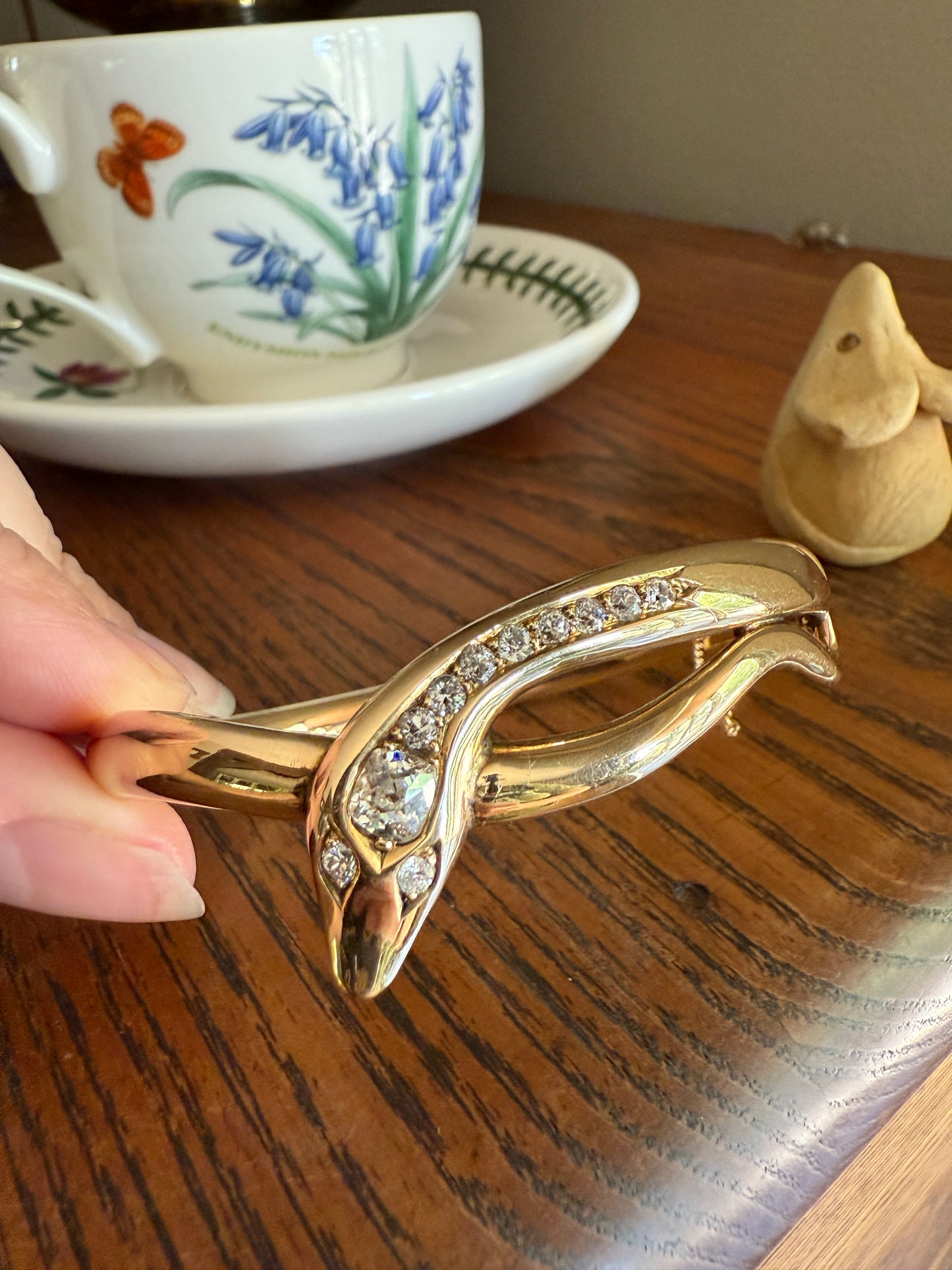 SNAKE Antique 1.3 Carat Old Mine Cut DIAMOND 32g 14k GOLD Chunky Heavy Bangle Bracelet Figural