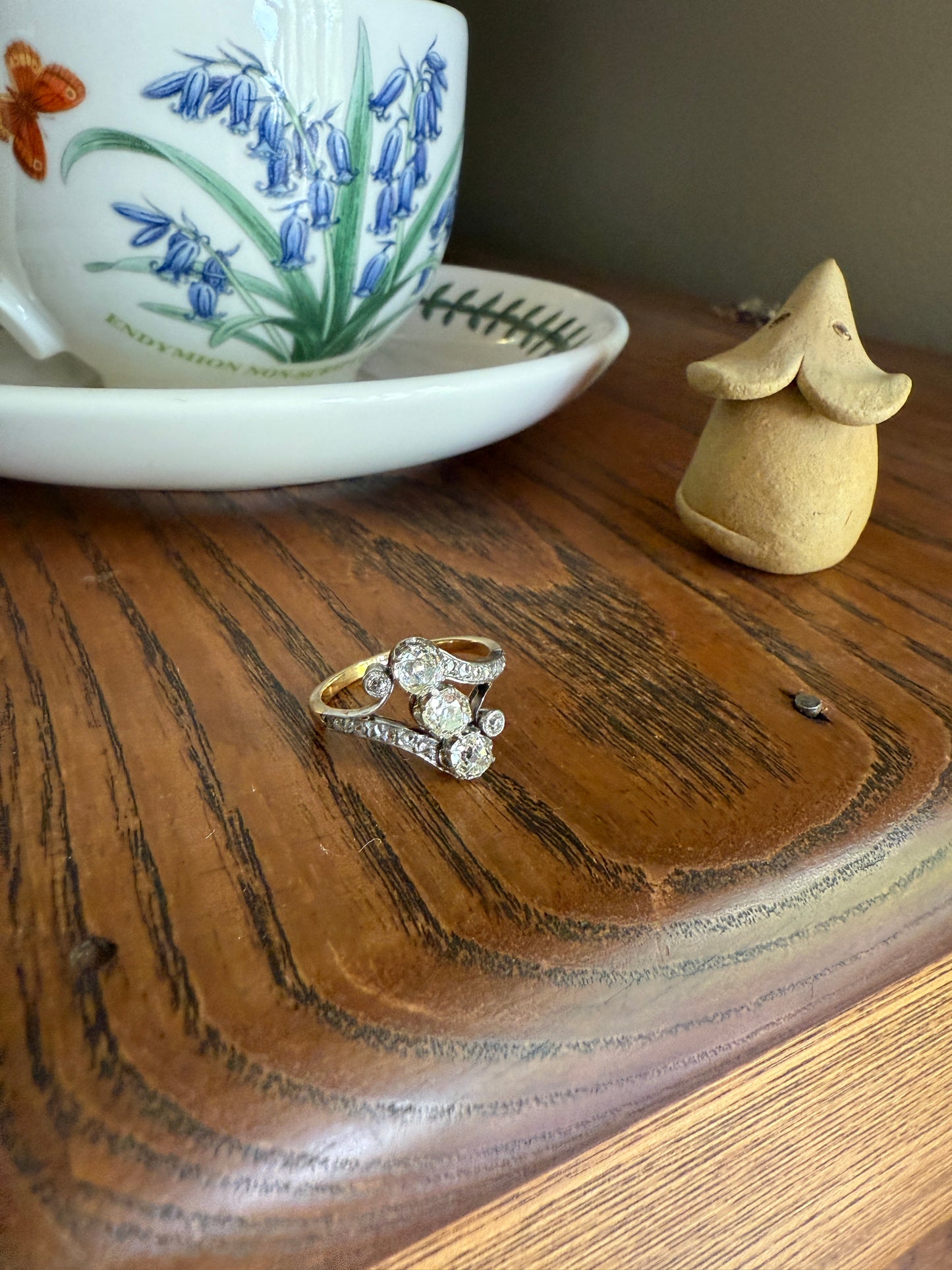 Antique 1.25 Carat Old Mine Cut DIAMOND Three Stone w/ Rose Cut French Ornate Belle Epoque Stacker 18k Gold Platinum