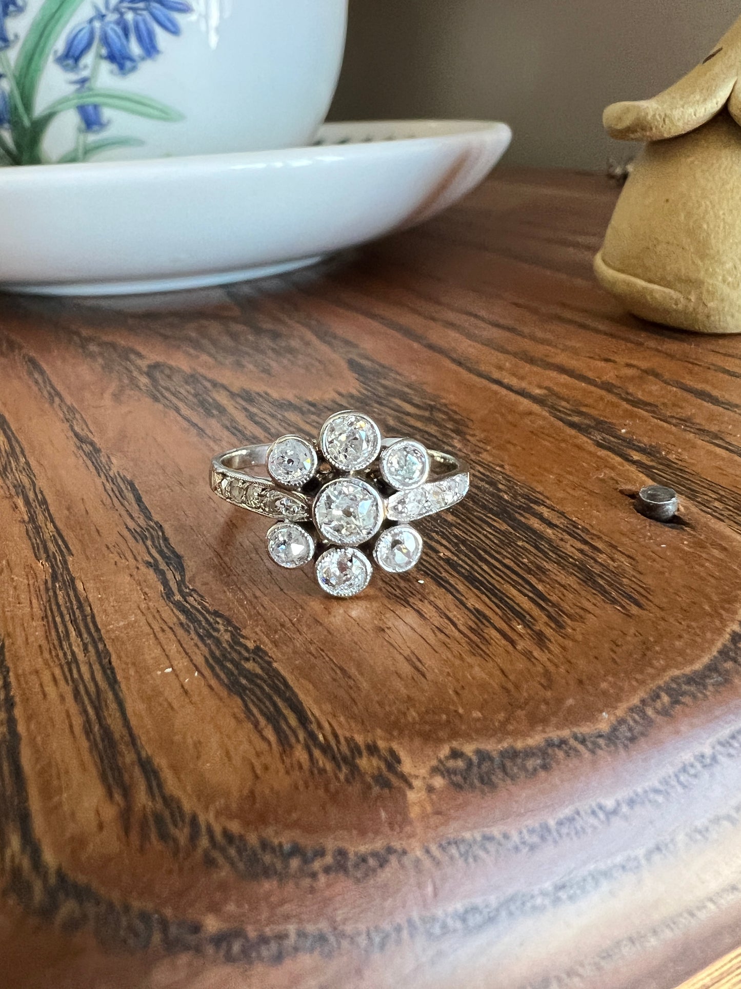 Unique 1 Carat Antique Rose & Old Mine Cut DIAMOND Seven Stone Cluster Ring 18k White Gold French Art Deco Bezel Set Halo