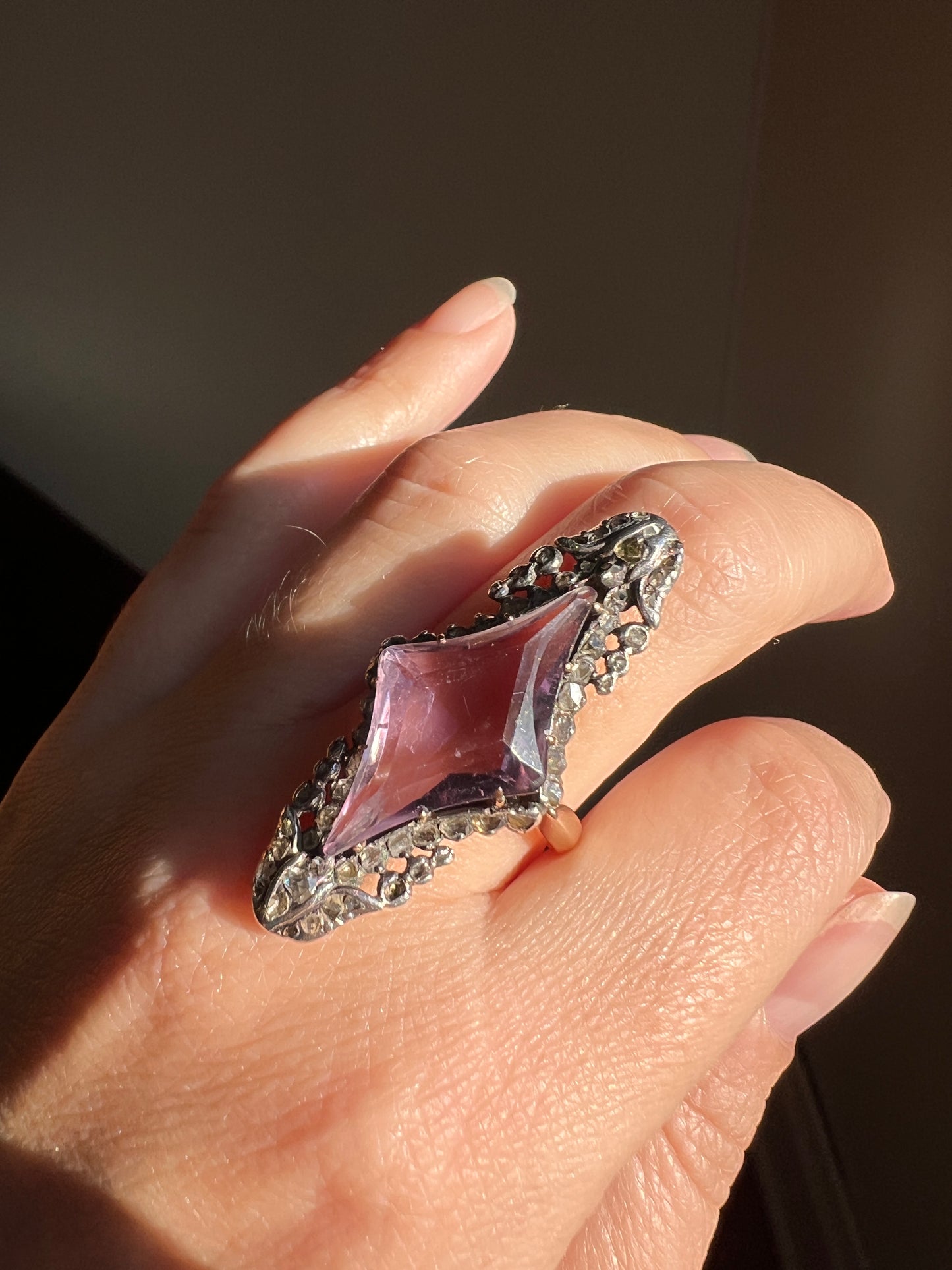 One of a Kind LARGE Flared Cut AMETHYST 62 Rose Cut DIAMONDS French Antique Ring Tulip Floral Garland 18k Rose Gold Silver