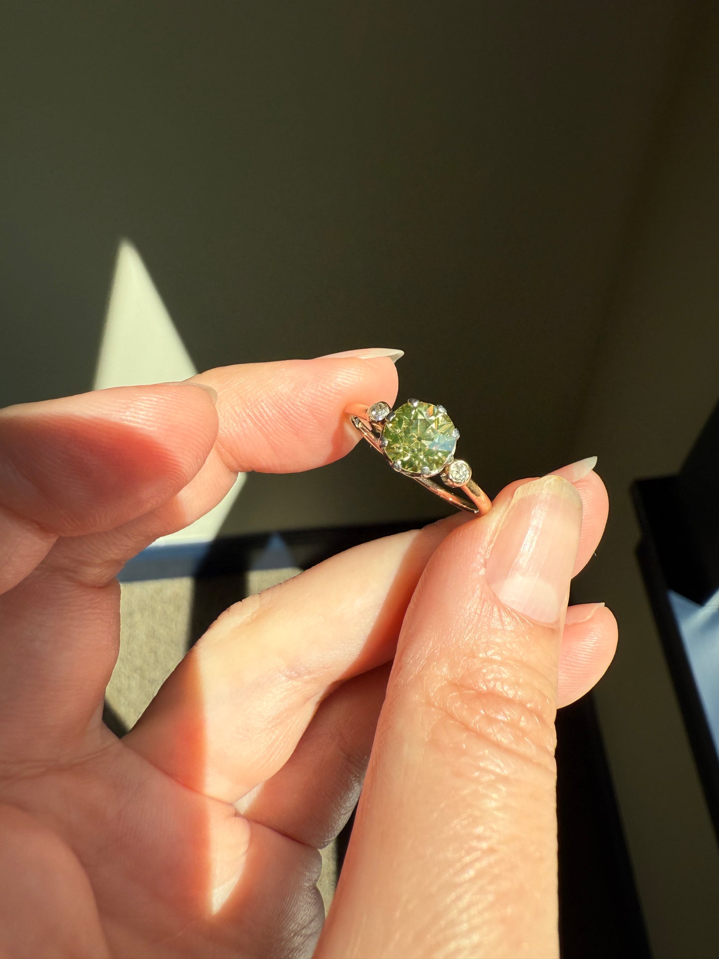 Antique Eye Clean Color Change 1.5 Carat Antique Fancy Champagne Green Yellow Old Mine Cut DIAMOND Solitaire Ring Three Stone 18k Gold