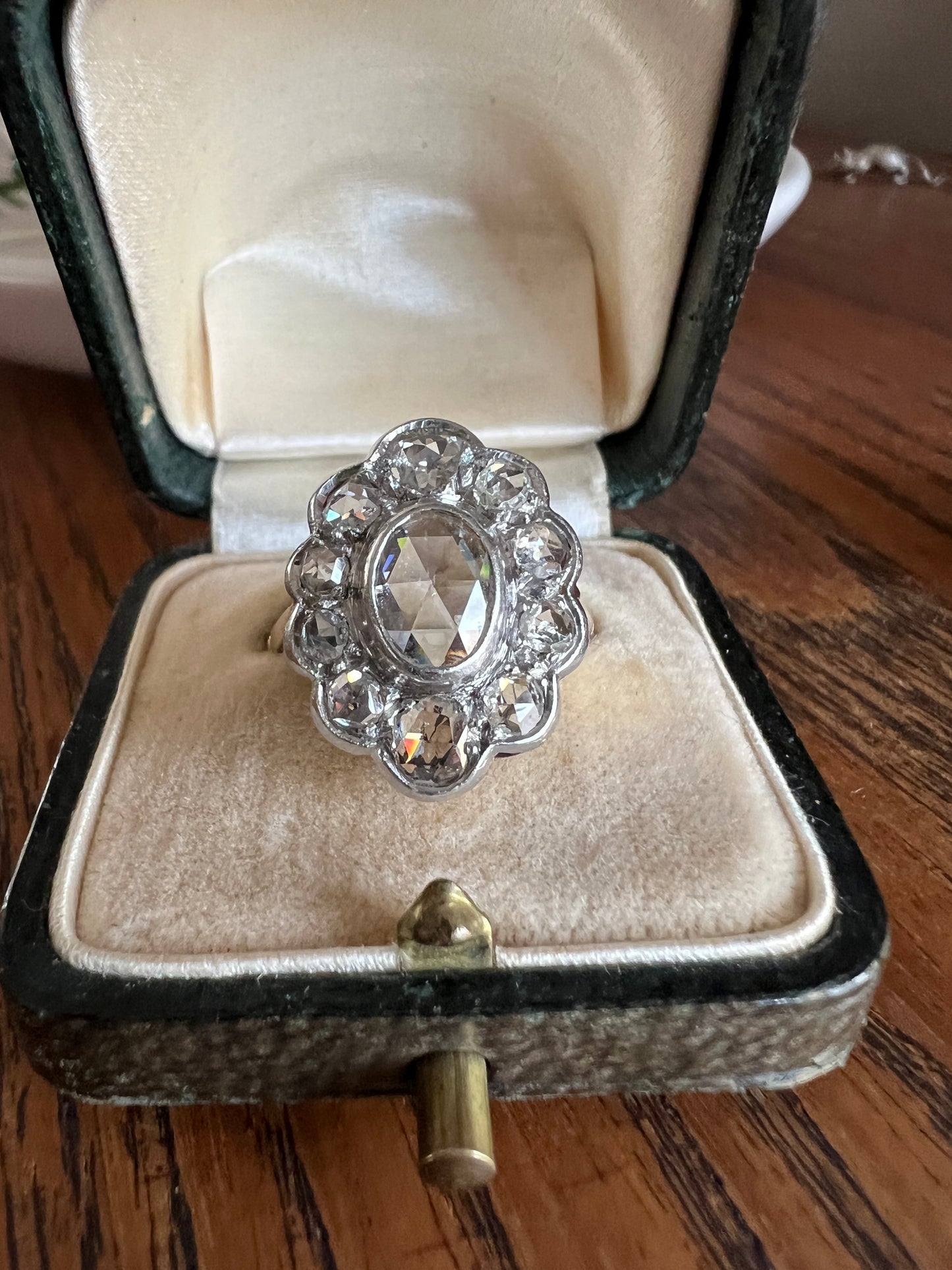 XL French Antique Open Back Oval Rose Cut DIAMOND Clear Disco Daisy Cluster Ring Victorian 18k Gold Platinum