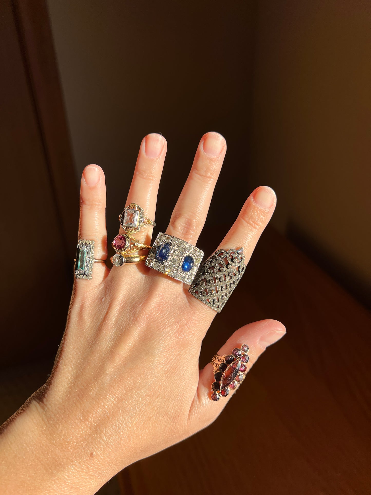 Mega 3.8 CARAT Old Mine Cut DIAMOND Two Sugarloaf Sapphire XL Heavy French Vintage 18k Gold Platinum Tank Ring Chunky Blue