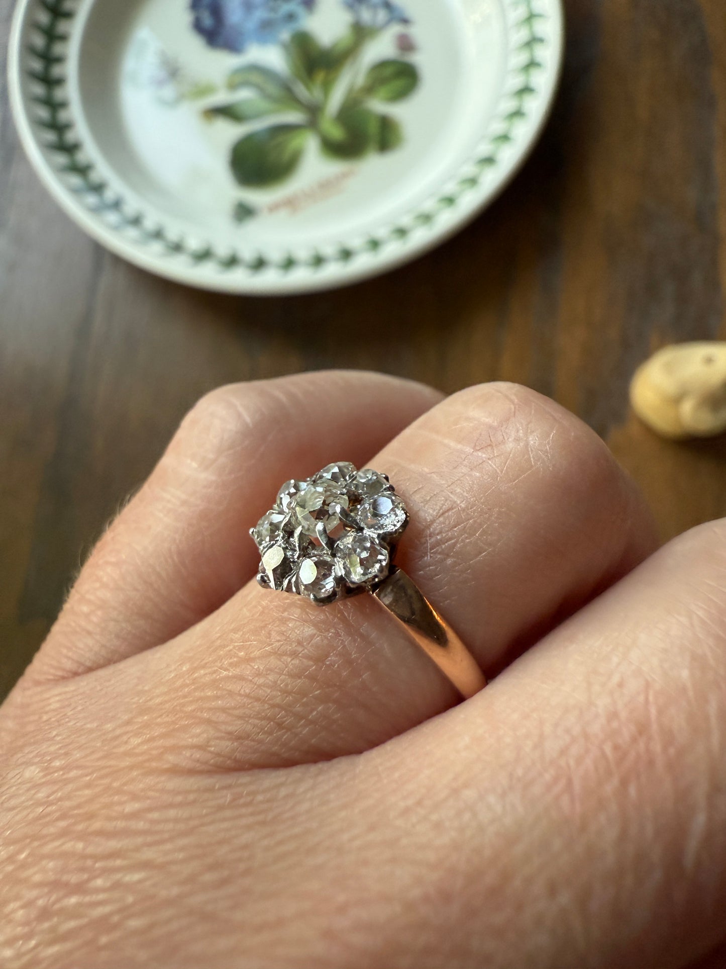 Old Mine Cut DIAMOND Daisy Cluster Halo French Antique Ring 18k Gold Platinum Victorian Belle Epoque