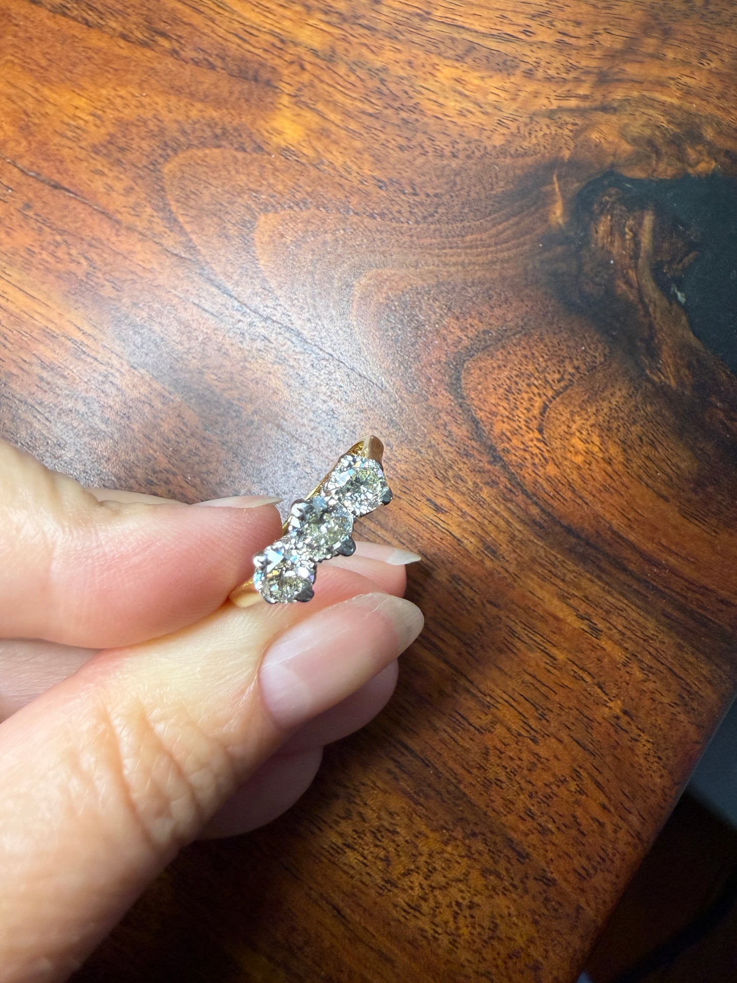 Antique One Carat Transitional Cut DIAMOND Three Stone Ring Prong Set Stacker Trilogy 18k Gold Platinum