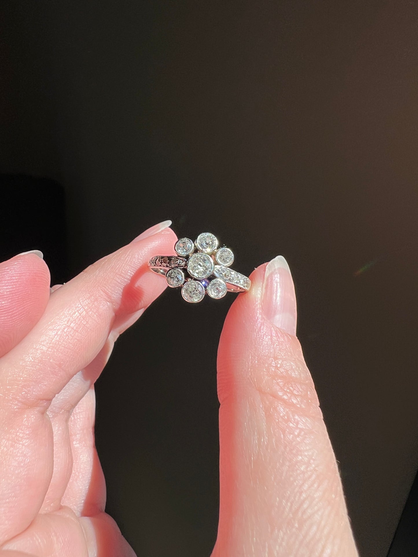 Unique 1 Carat Antique Rose & Old Mine Cut DIAMOND Seven Stone Cluster Ring 18k White Gold French Art Deco Bezel Set Halo