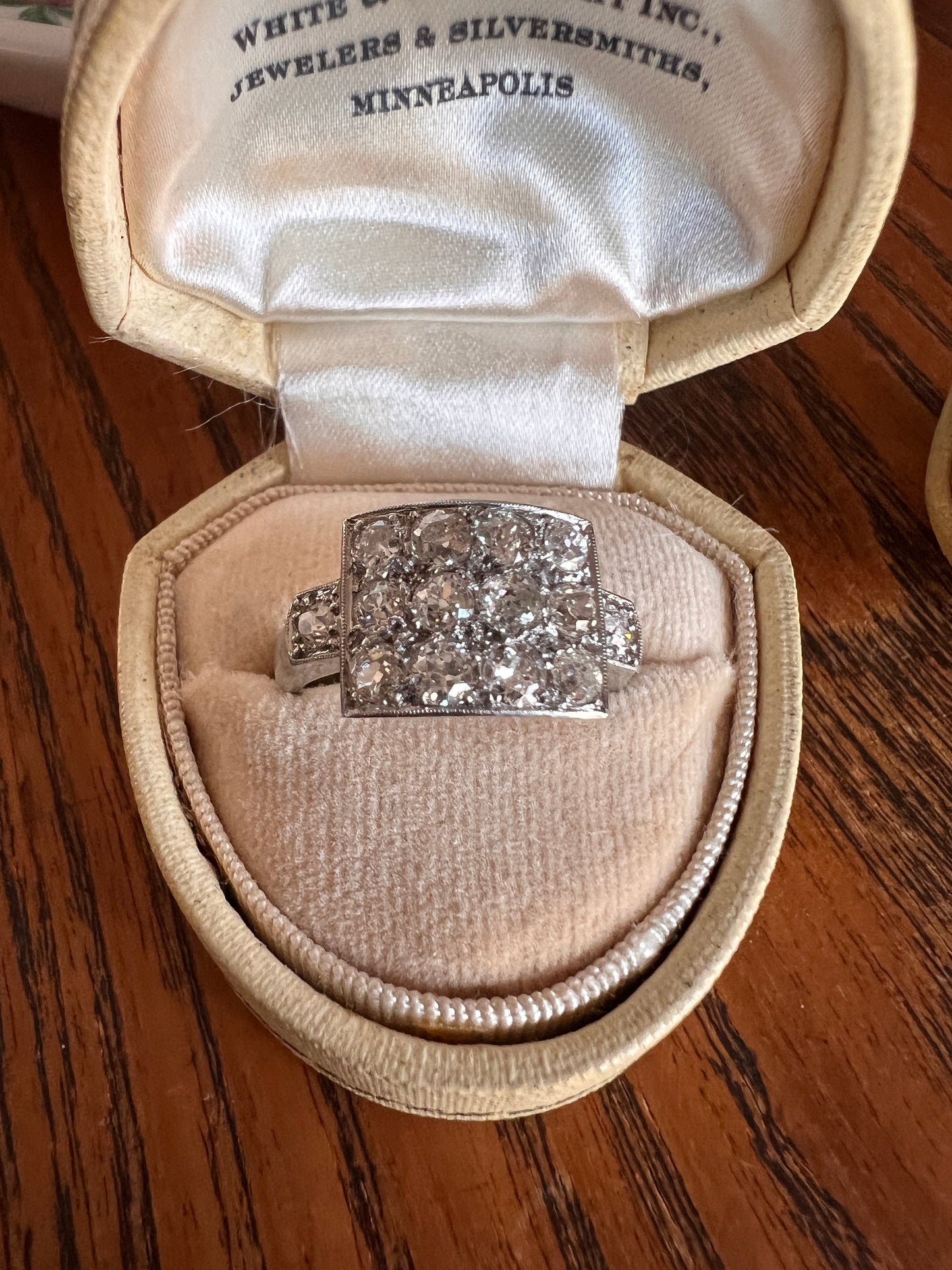Two Carat 14 Old Mine Cut DIAMOND Curved Cluster Grid Ring French Antique Platinum Cobblestone