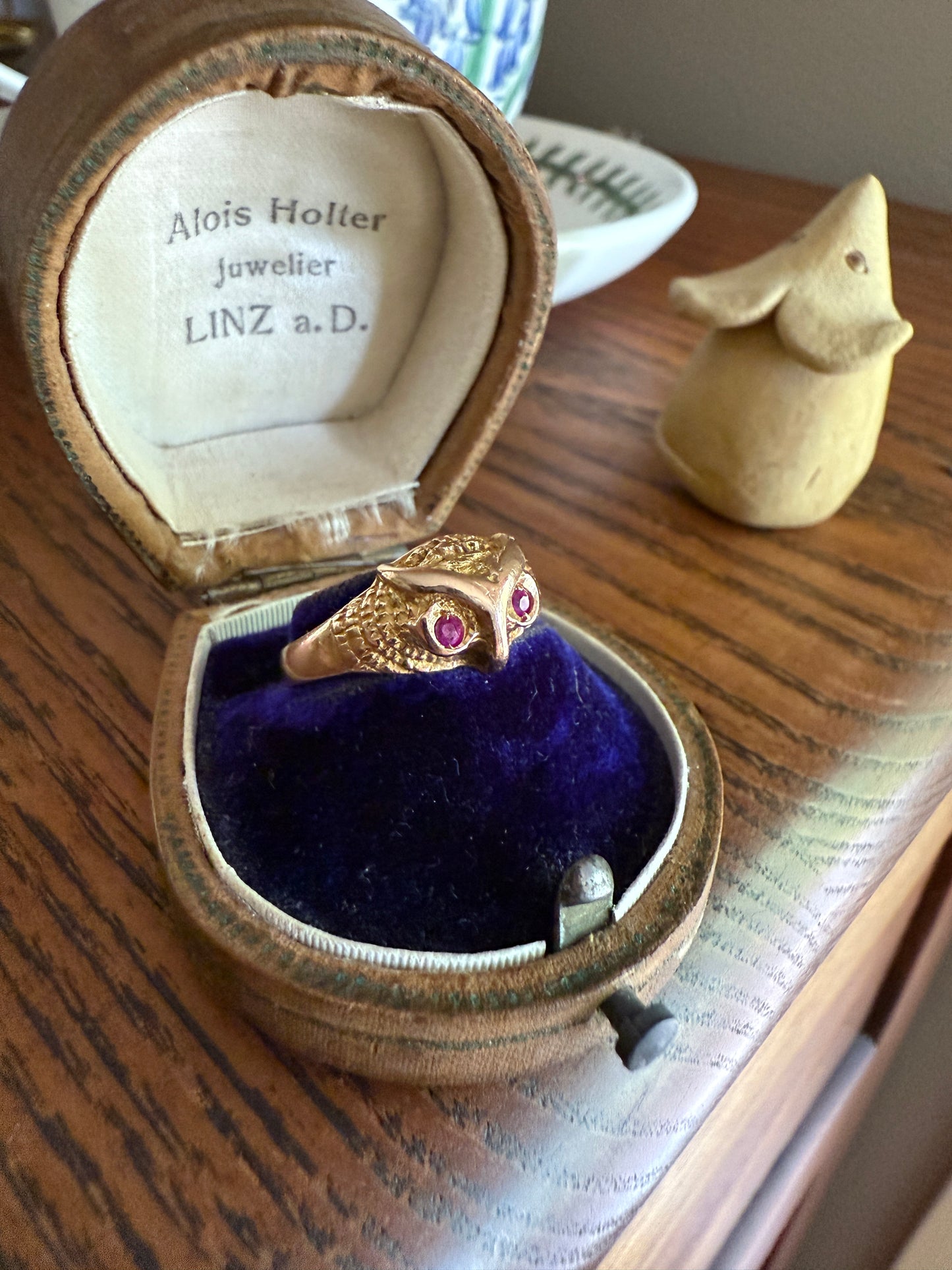 OWL French Vintage 18k Gold Perched Figural Ring Diamond and Ruby Eyes