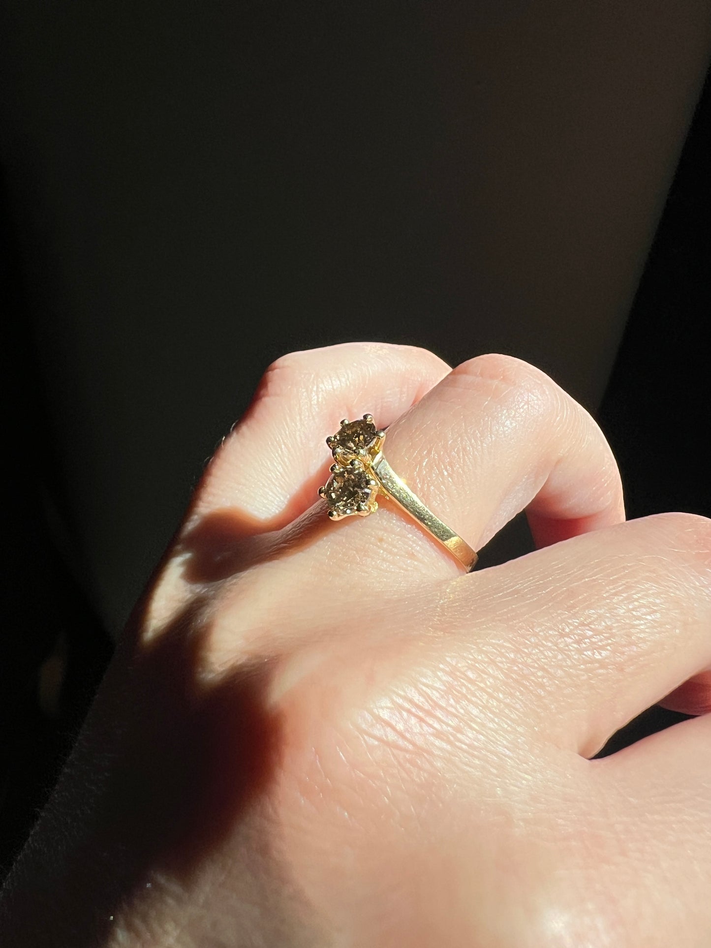 Fancy BROWN 1 Carat Tdw Transitional Cut DIAMOND Toi et Moi Ring 18k Gold Tall Champagne Cognac Stacker French Romantic Gift