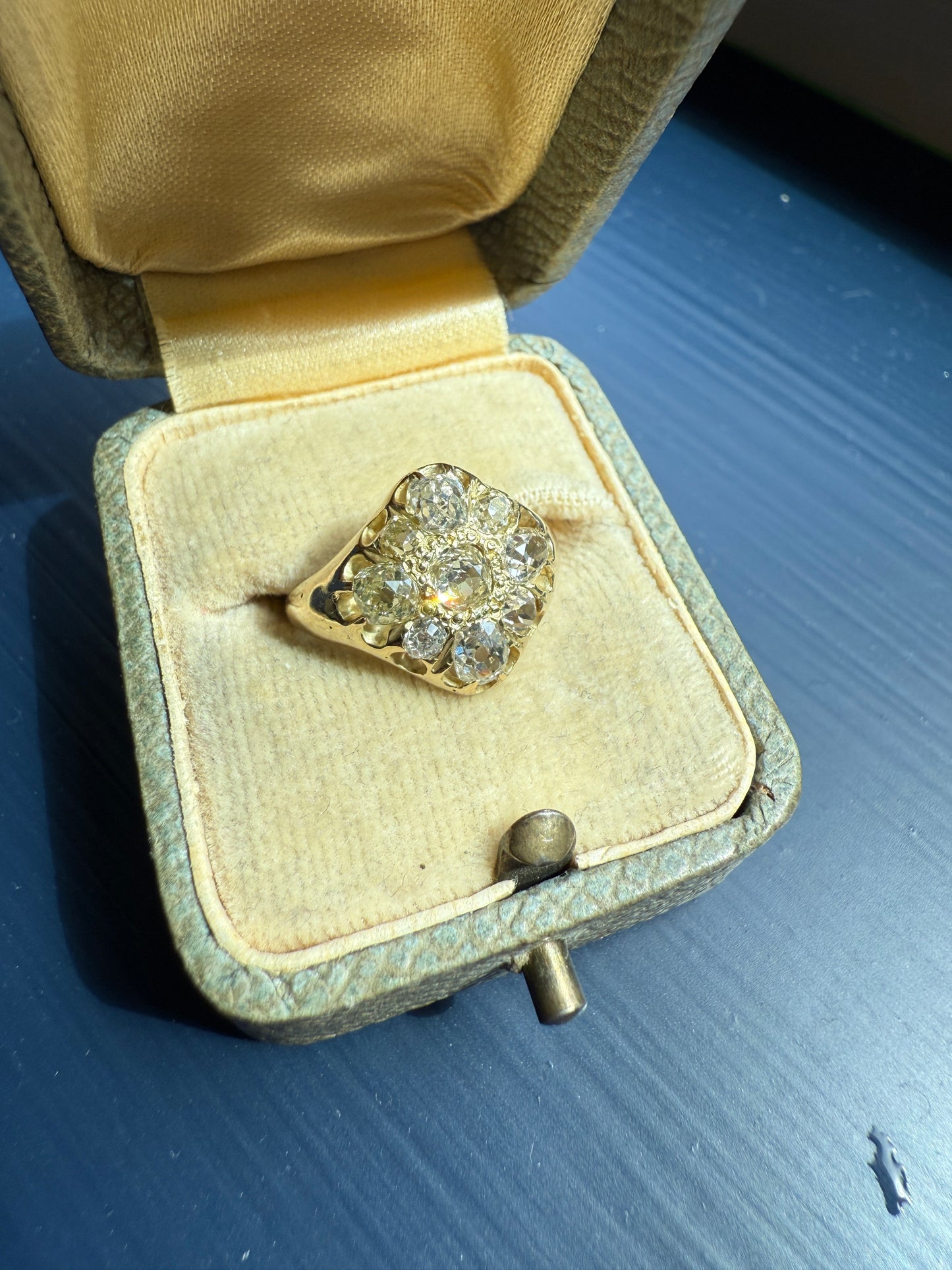 CHUNKY 1.2 Carat Old Mine Cut DIAMOND Cluster Ring 15k Gold Delicious Pale Yellow Nine Stone Cruciform Halo Belcher Buttercup 1.2Ctw OMC