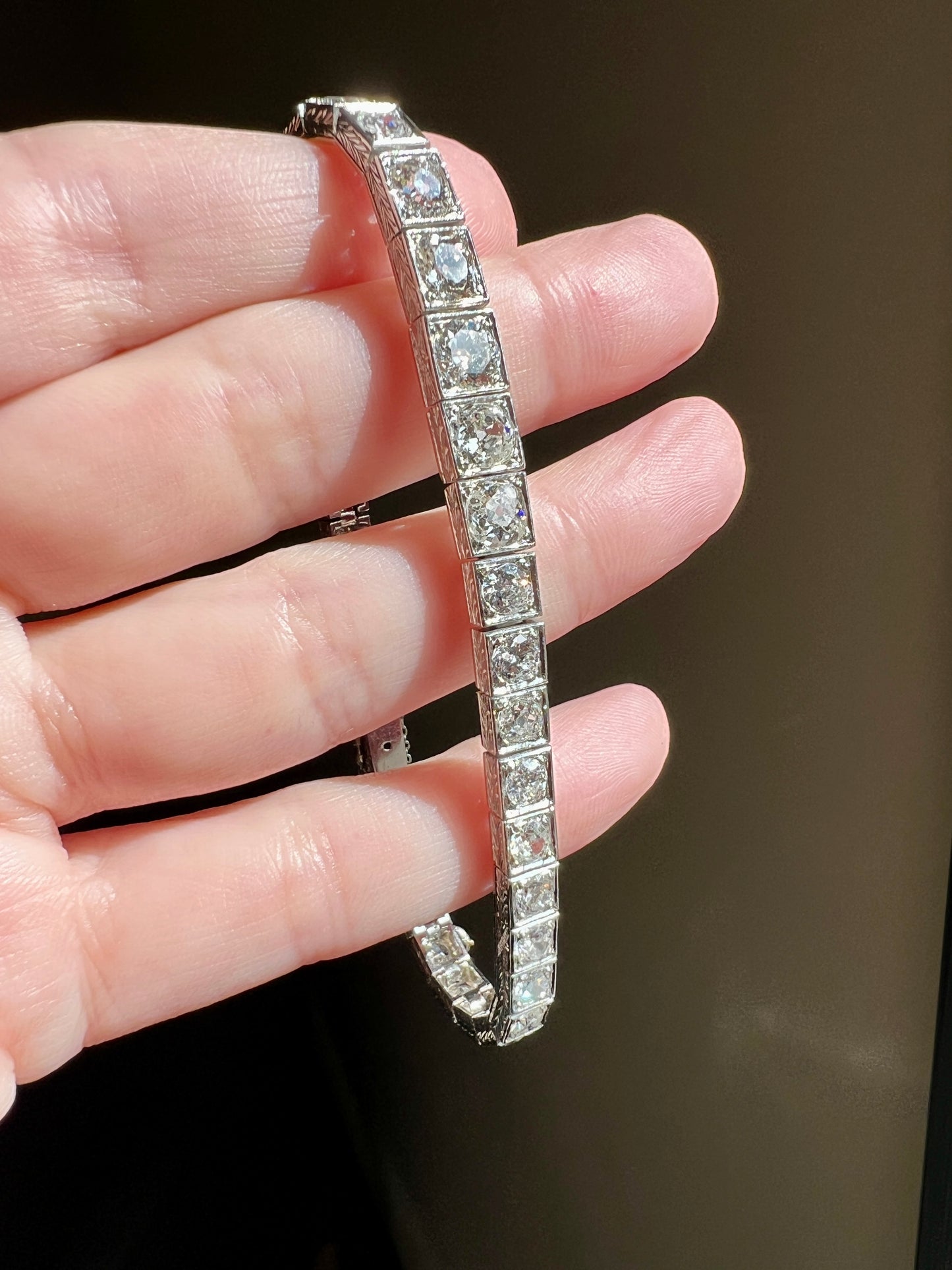 Antique 9.75 CARAT 38 Old European & Mine Cut DIAMOND Line Bracelet PLATINUM 18k White Gold French Geometric Engraved Tennis