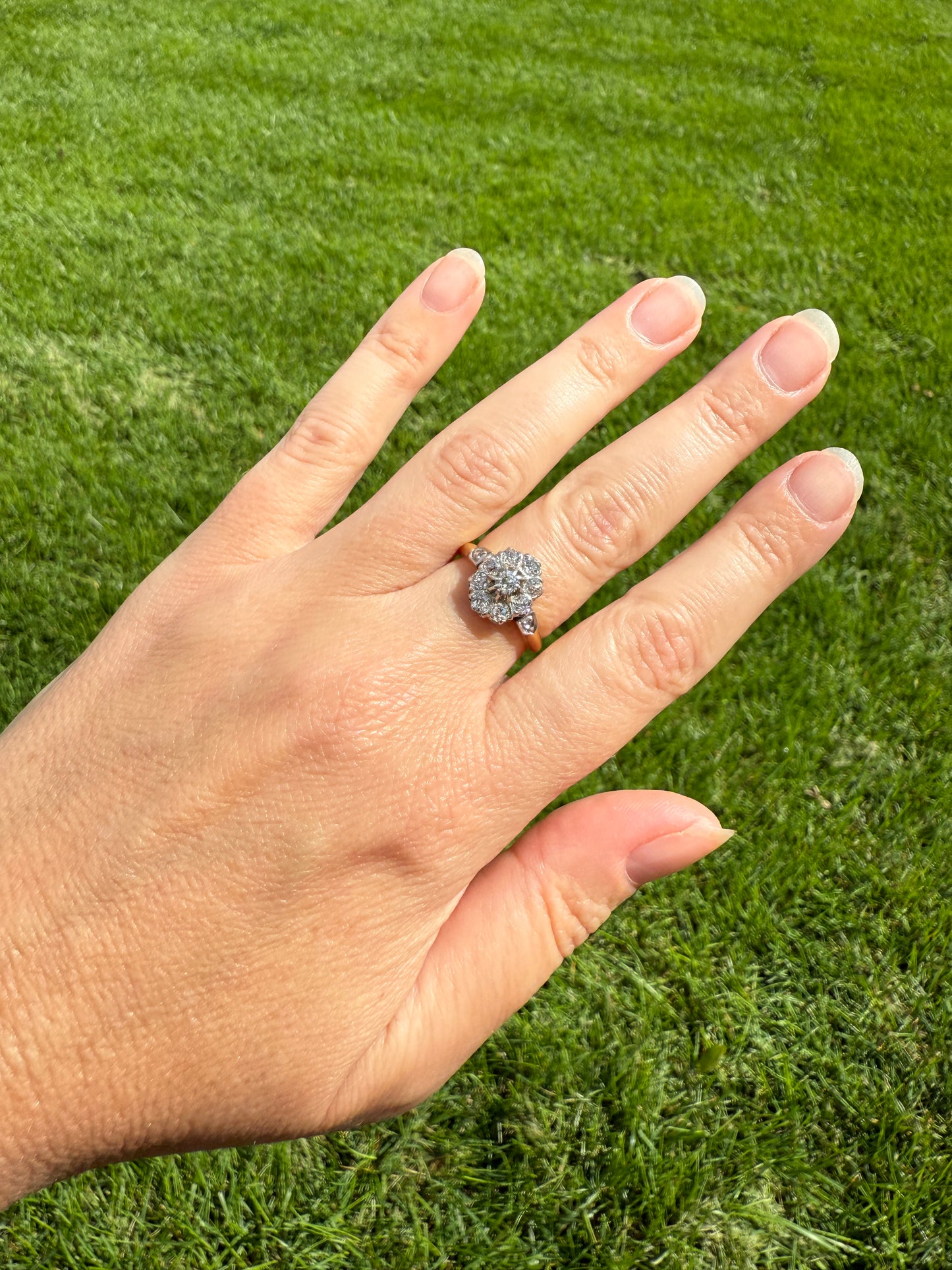 OVAL .9 Carat Old Mine Cut DIAMOND Cluster Ring Victorian French Antique Hallmark 18k Gold Band Platinum