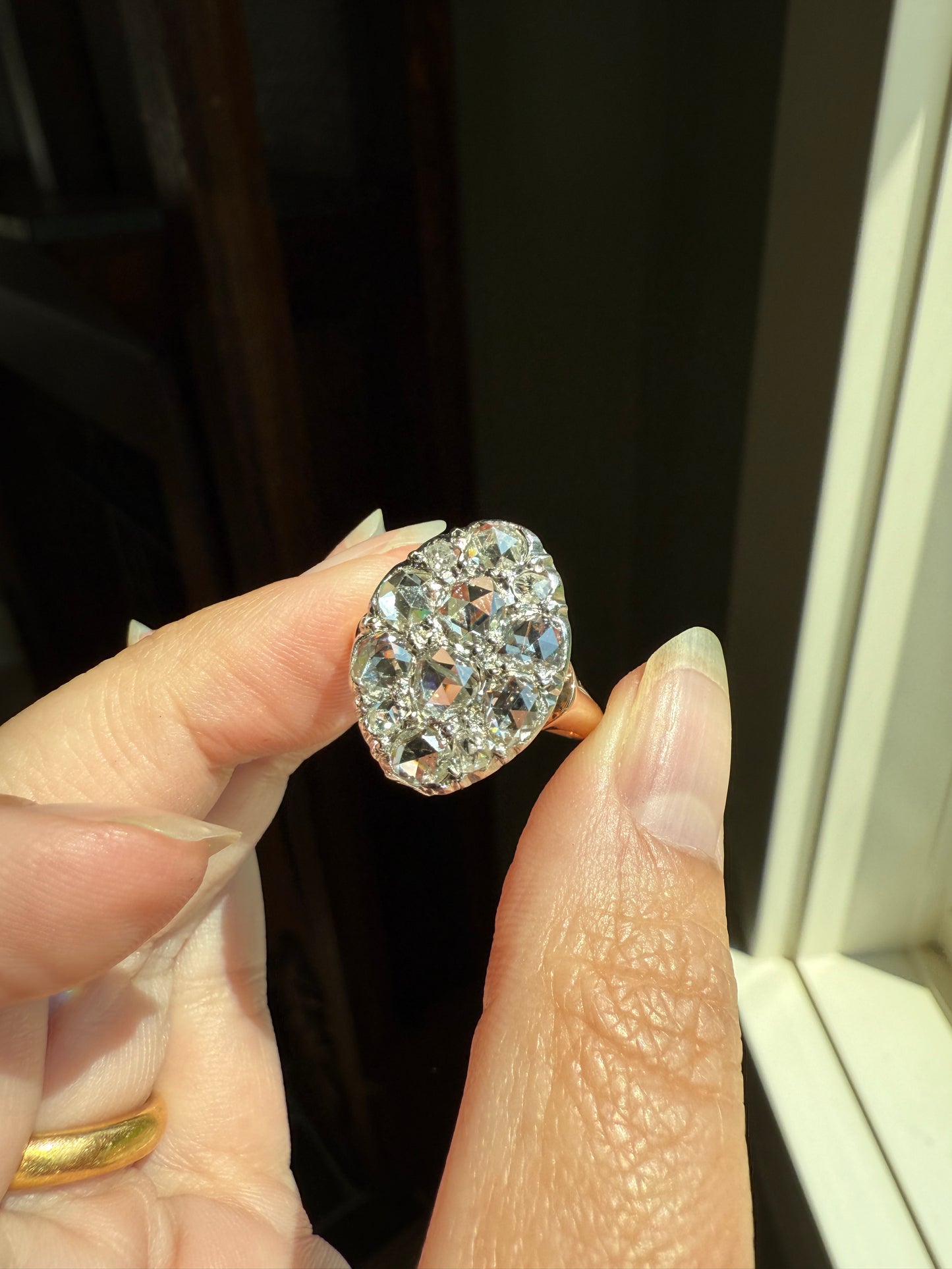 Extraordinary French Antique 3 Carat Scale Dutch Rose Cut DIAMOND 18k Gold Platinum Cluster Oval Stacker Rare Disco Ball Bauble