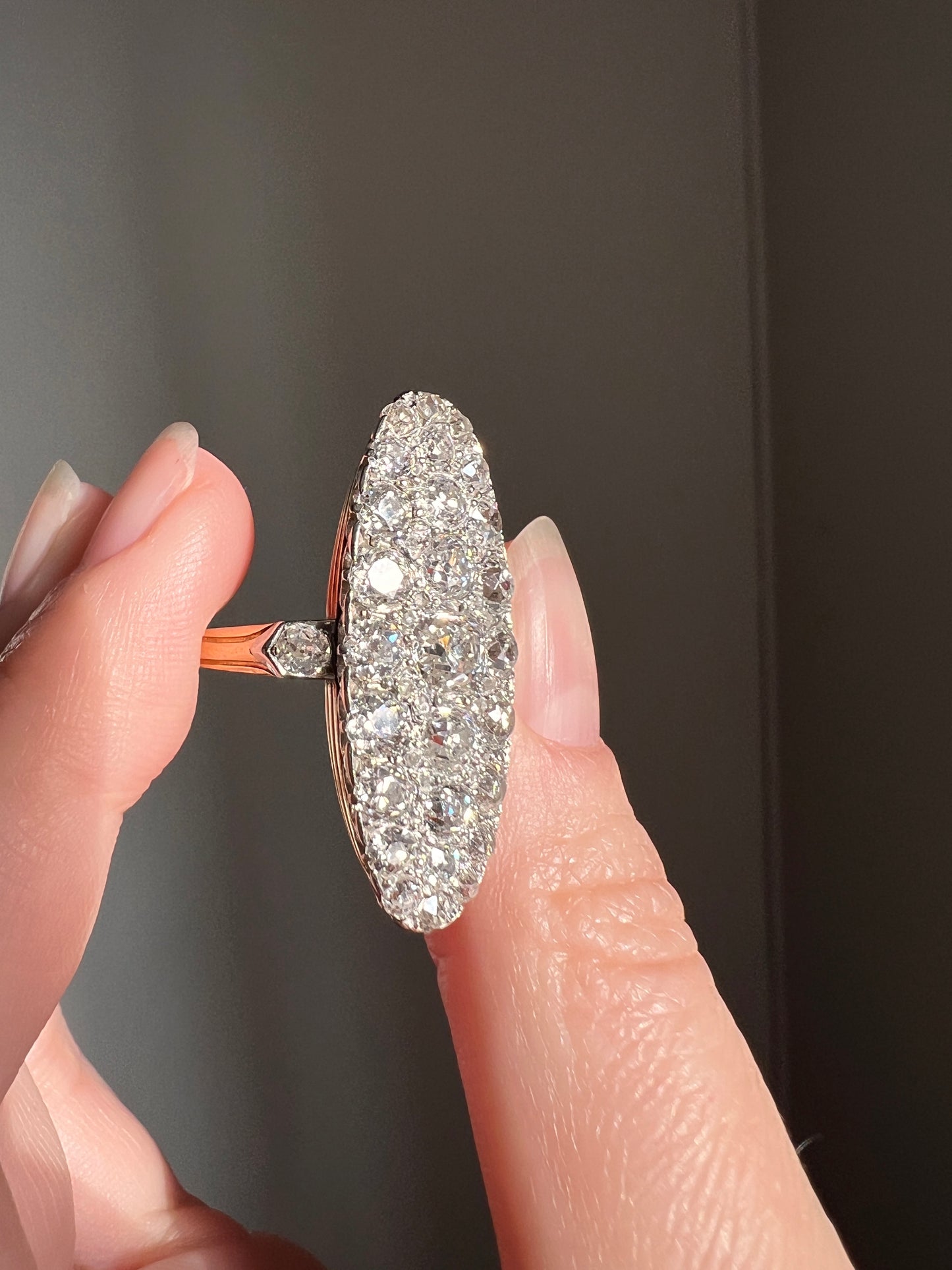 XL Oval French ANTIQUE 3.2 Carat 29 Old Mine Cut DIAMOND 15 Rose Cluster Ring