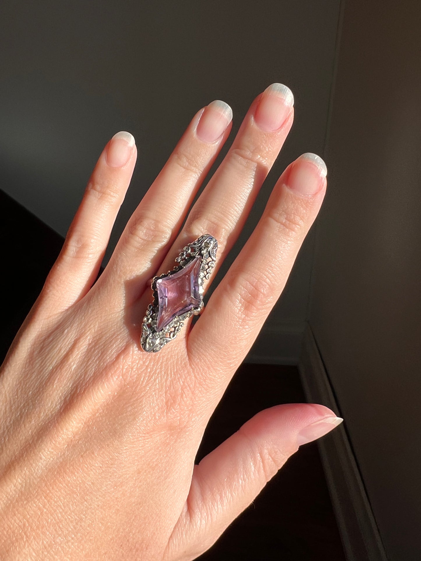 One of a Kind LARGE Flared Cut AMETHYST 62 Rose Cut DIAMONDS French Antique Ring Tulip Floral Garland 18k Rose Gold Silver