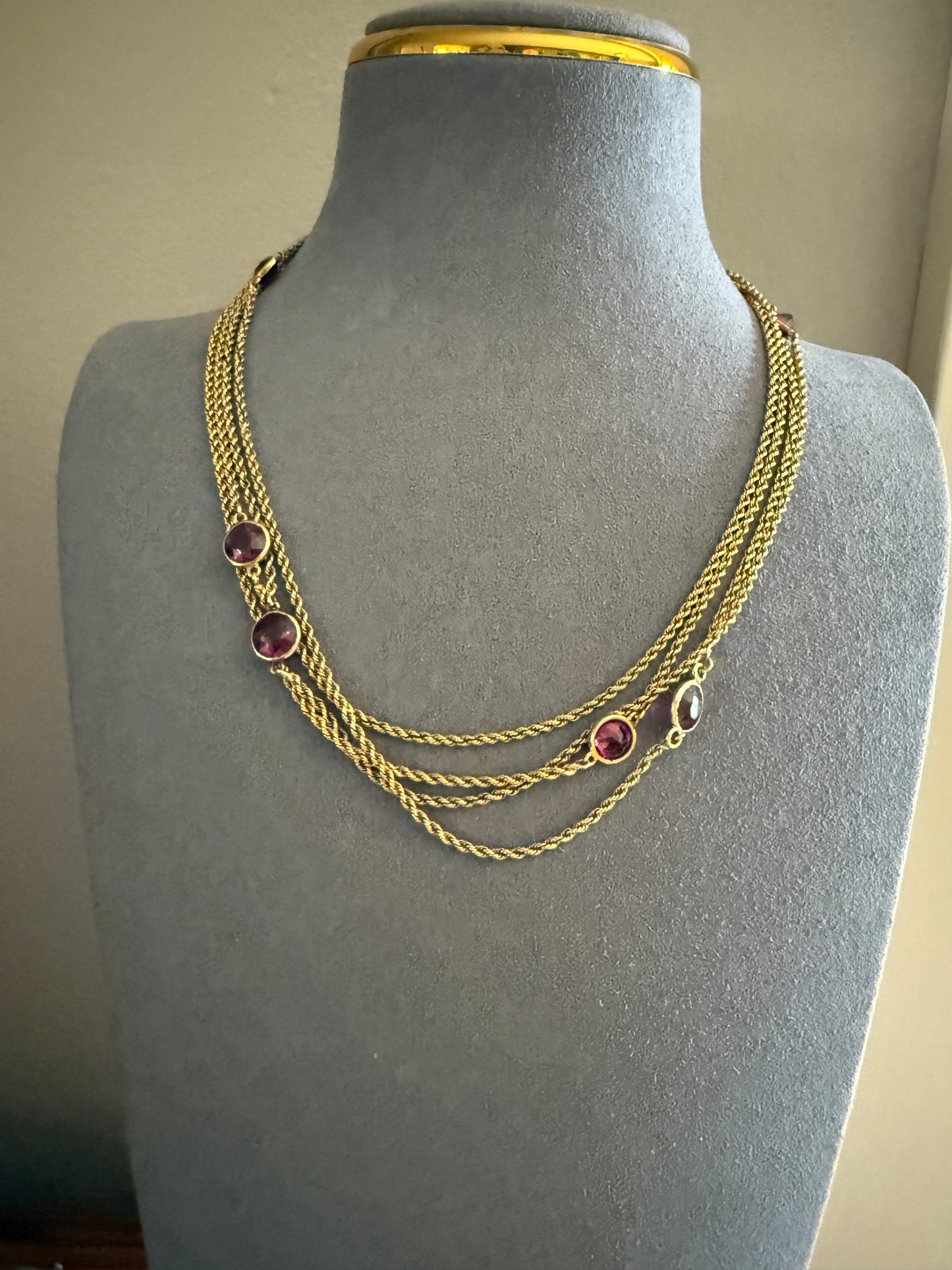 Victorian X Long Antique GARNET Station Chain Guard 67 Inch (!) 5.5 FEET 22g 14k GOLD Necklace Berry Pink Purple Neckmess Body Chain Gift