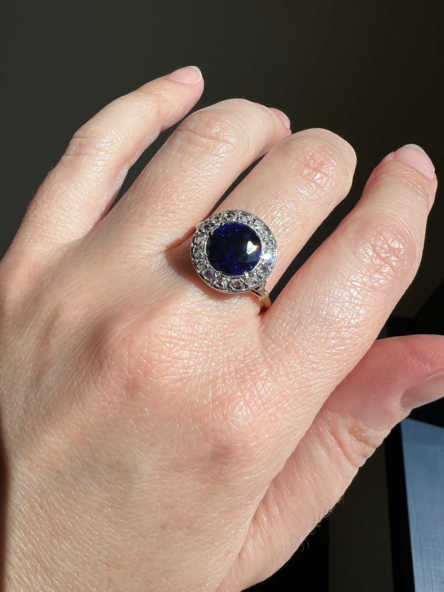 Blue Sapphire Rose Cut DIAMOND Halo Ring French Antique Band Ring 18k Gold Platinum