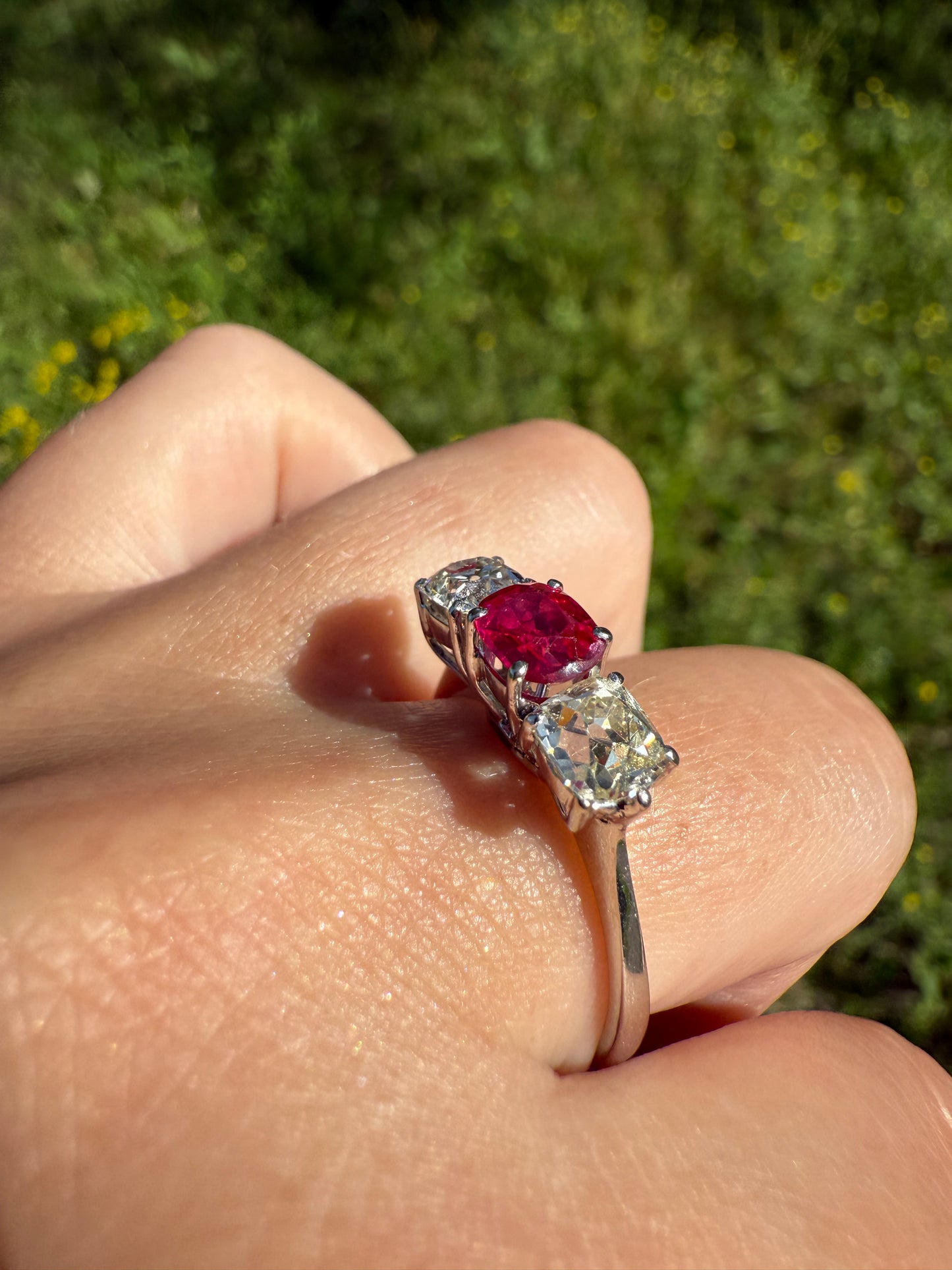 TALL Three Stone Square Old Mine Cut DIAMOND Natural Ruby 18k White Gold Ring Unique Stacker Setting Stackable Pinkish Red