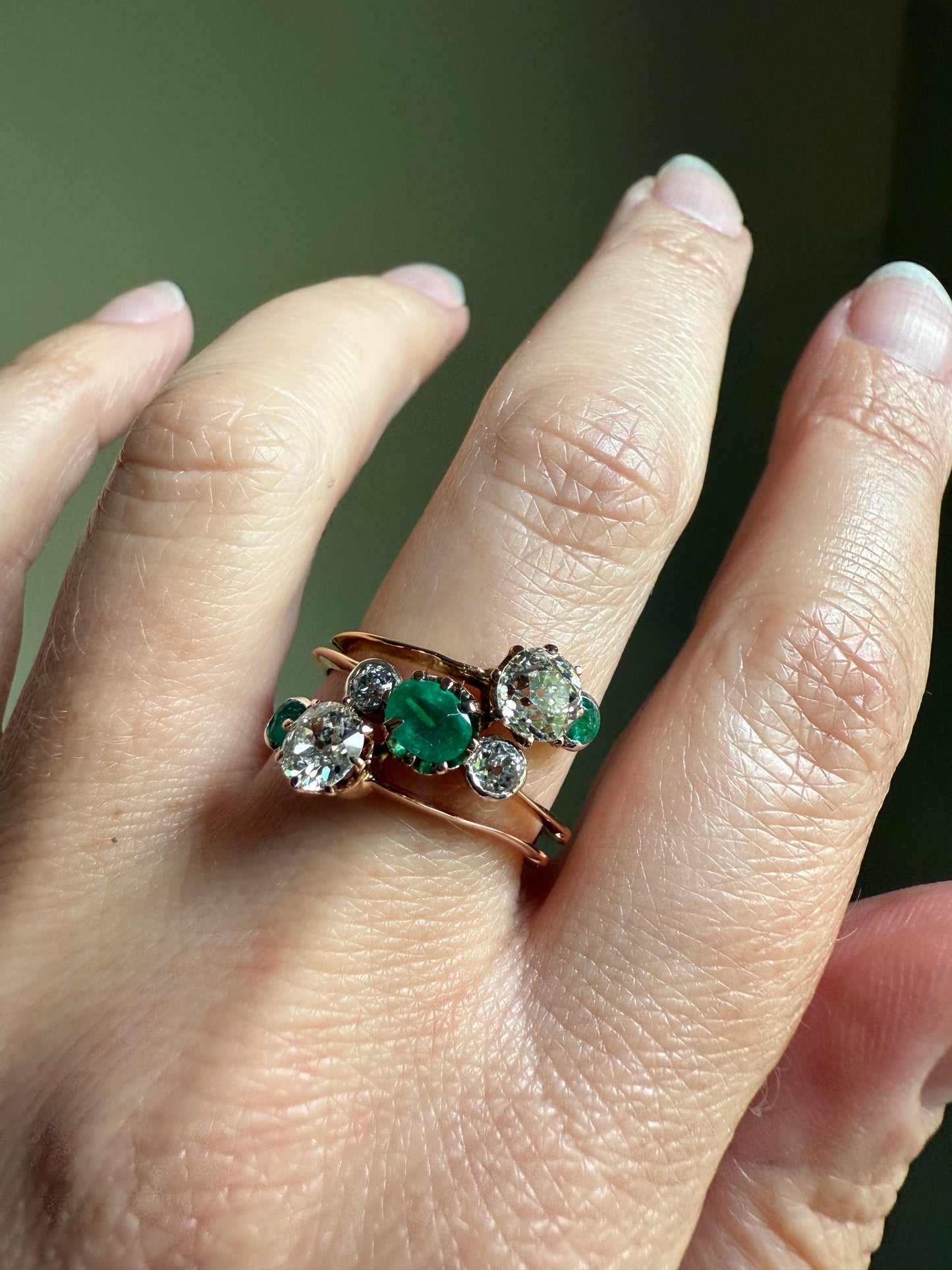 Antique EMERALD 1.4 Carat Old Mine Cut DIAMOND Angled Cluster Ring Chunky Victorian 18k Gold Two Levels Double Bands Green