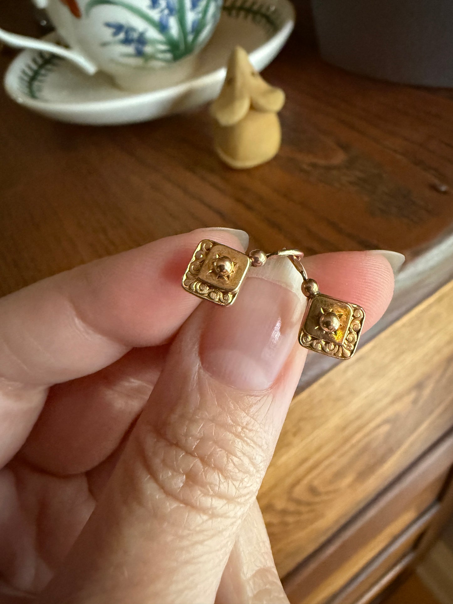 Dormeuse Dangle Earrings French ANTIQUE " FIX " Brand Rose Gold Fill Ball Rivet Bead Geometric
