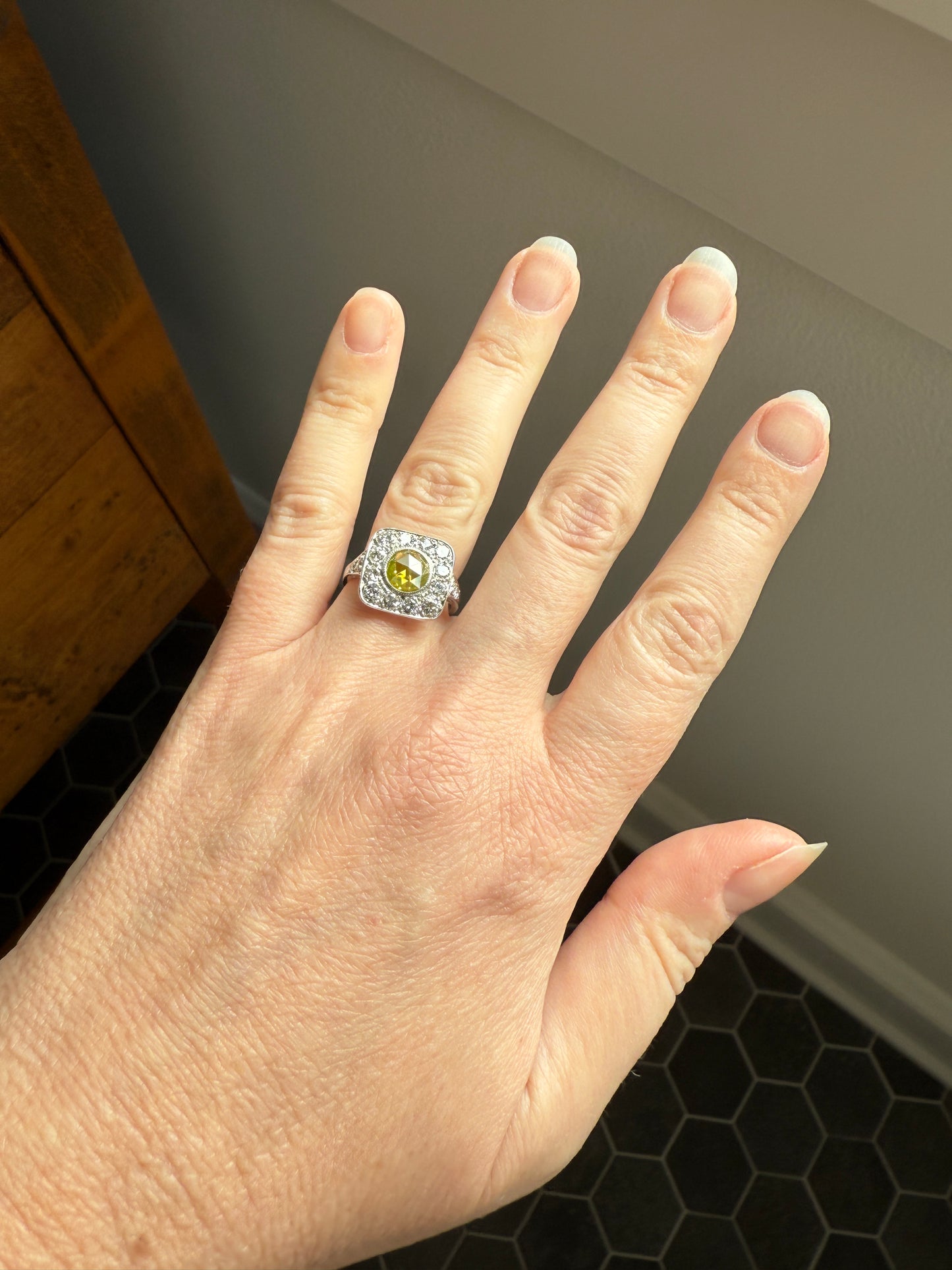 Vintage .8 Carat Fancy Greenish Yellow Natural ROSE CUT Diamond 1.8 Ctw Transitional Cut Boxed Cobblestone Panel Ring Platinum Lemon Lime