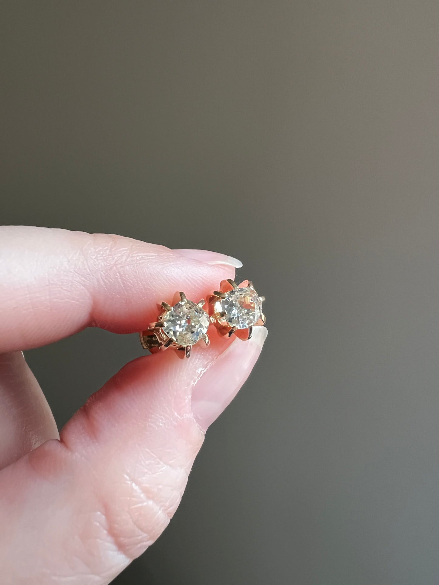 Antique Eye Clean One Carat Tdw Cushion Old Mine Cut DIAMOND Prong Stud Earrings French 18k Gold