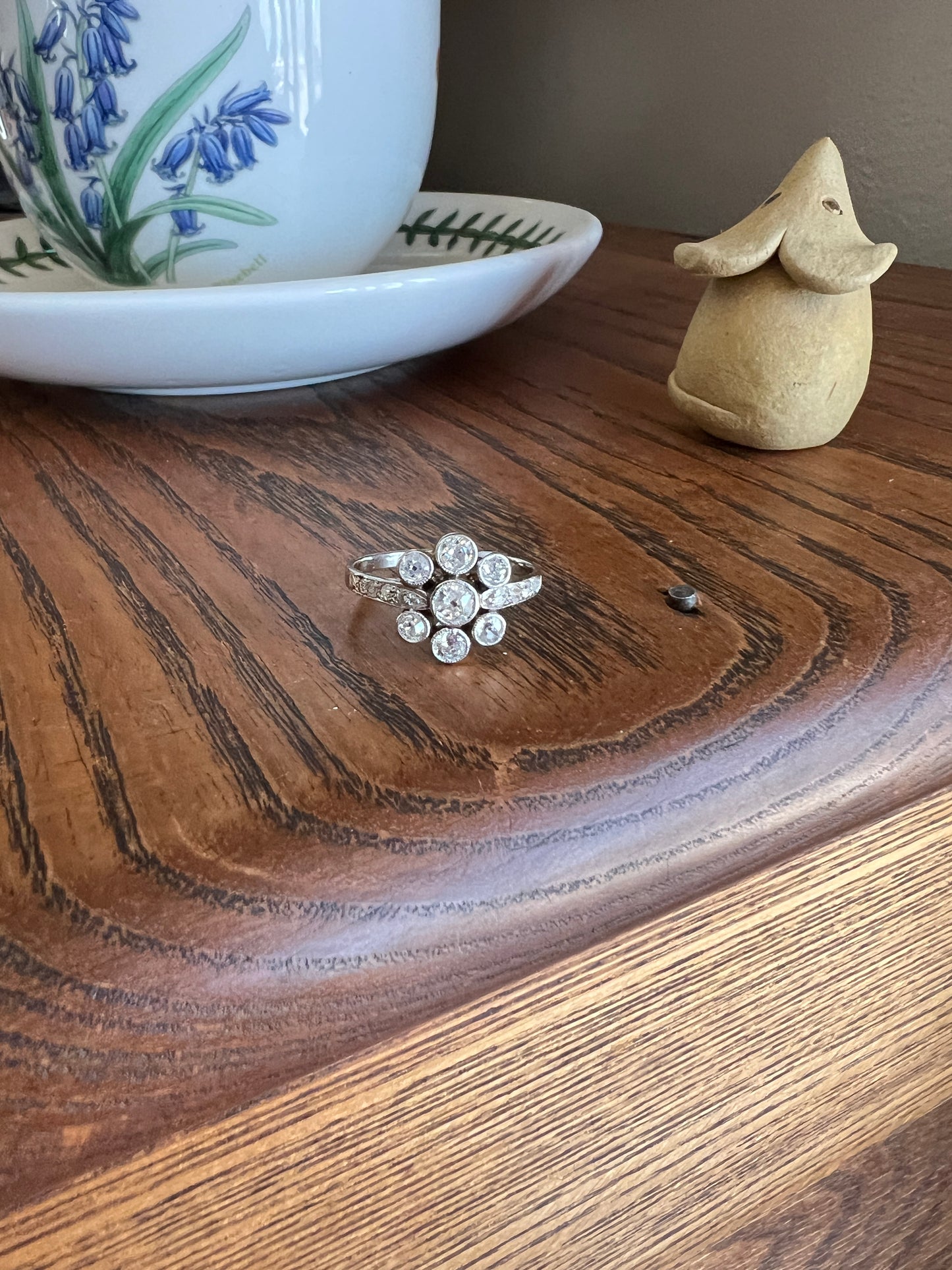 Unique 1 Carat Antique Rose & Old Mine Cut DIAMOND Seven Stone Cluster Ring 18k White Gold French Art Deco Bezel Set Halo