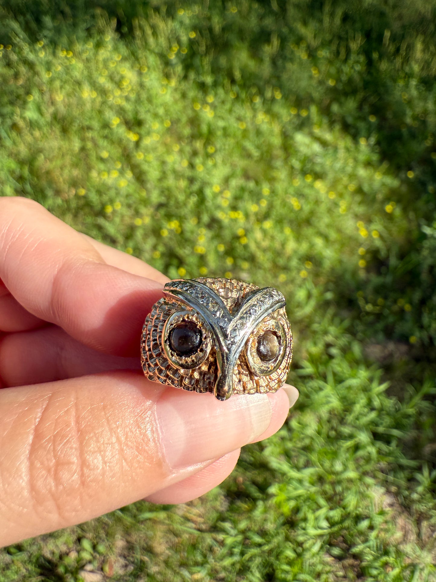 OWL Vintage Figural HEAVY 12.7g 14k Gold Ring Cat's Eye Gray Chrysoberyl Eyes Two Tone Diamond Accents Domed Chunky Unisex Statement Wisdom