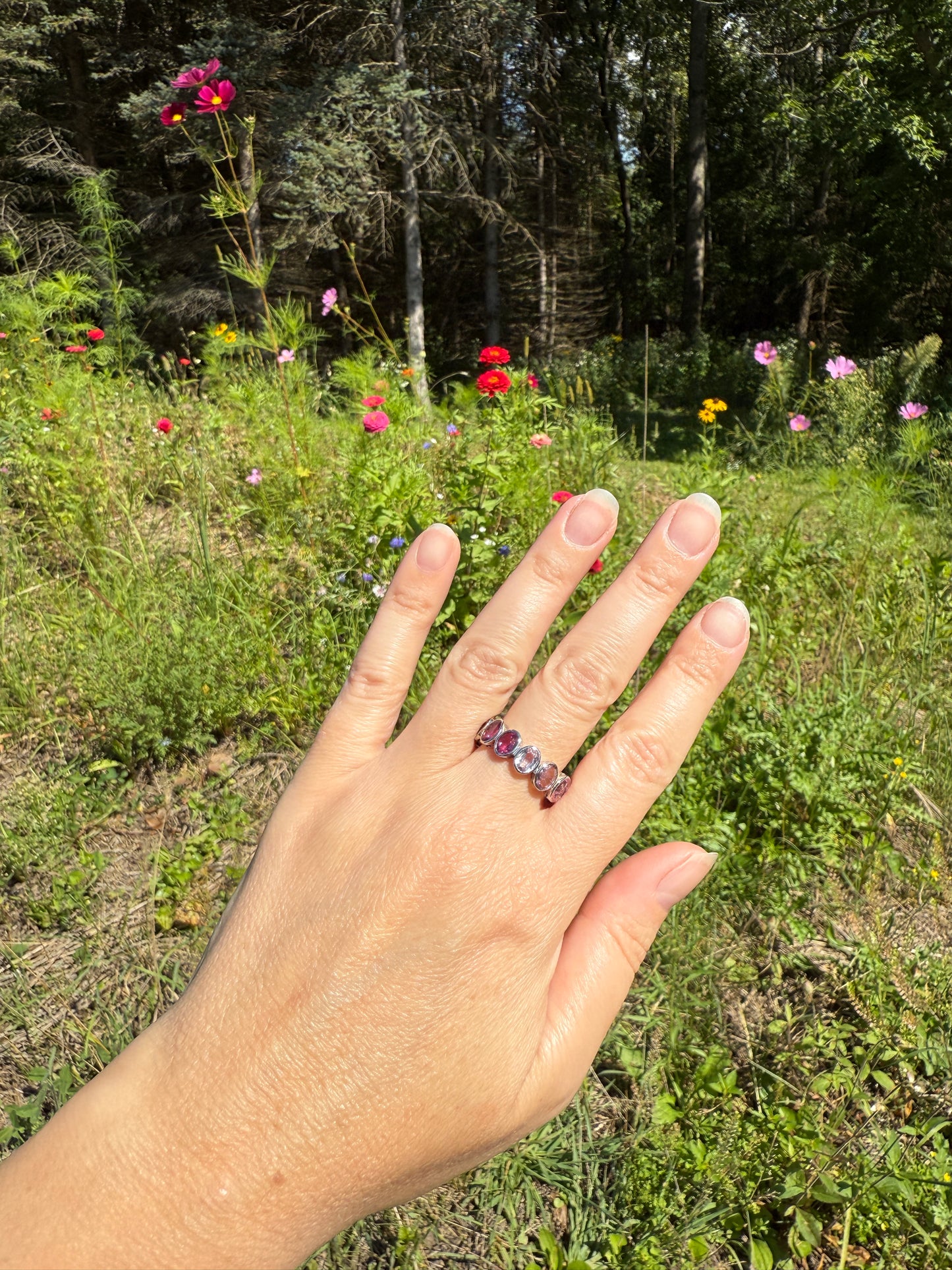PINK TOURMALINE 5 Carats Natural French Vintage ETERNITY Ring 14k White Gold Wide Band Oval Pale Dusty Rose Light Dark Hue Chunky Stacker