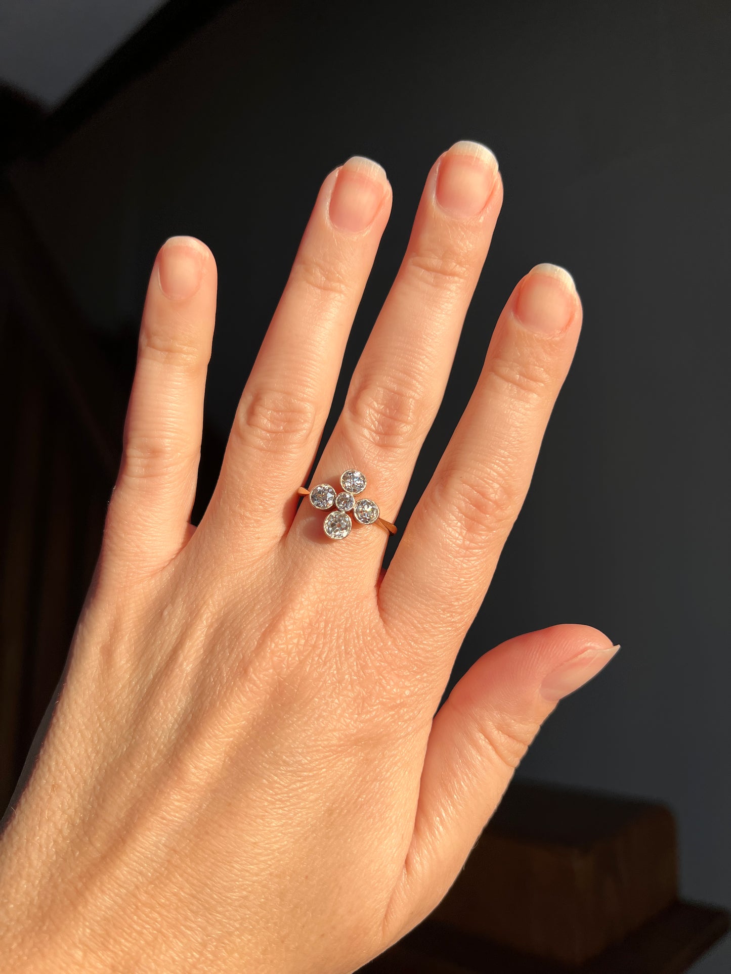 CRUCIFORM 1.25 Carat Old Mine Cut DIAMOND Ring Antique EDWARDIAN 18k Gold Platinum Five Stone