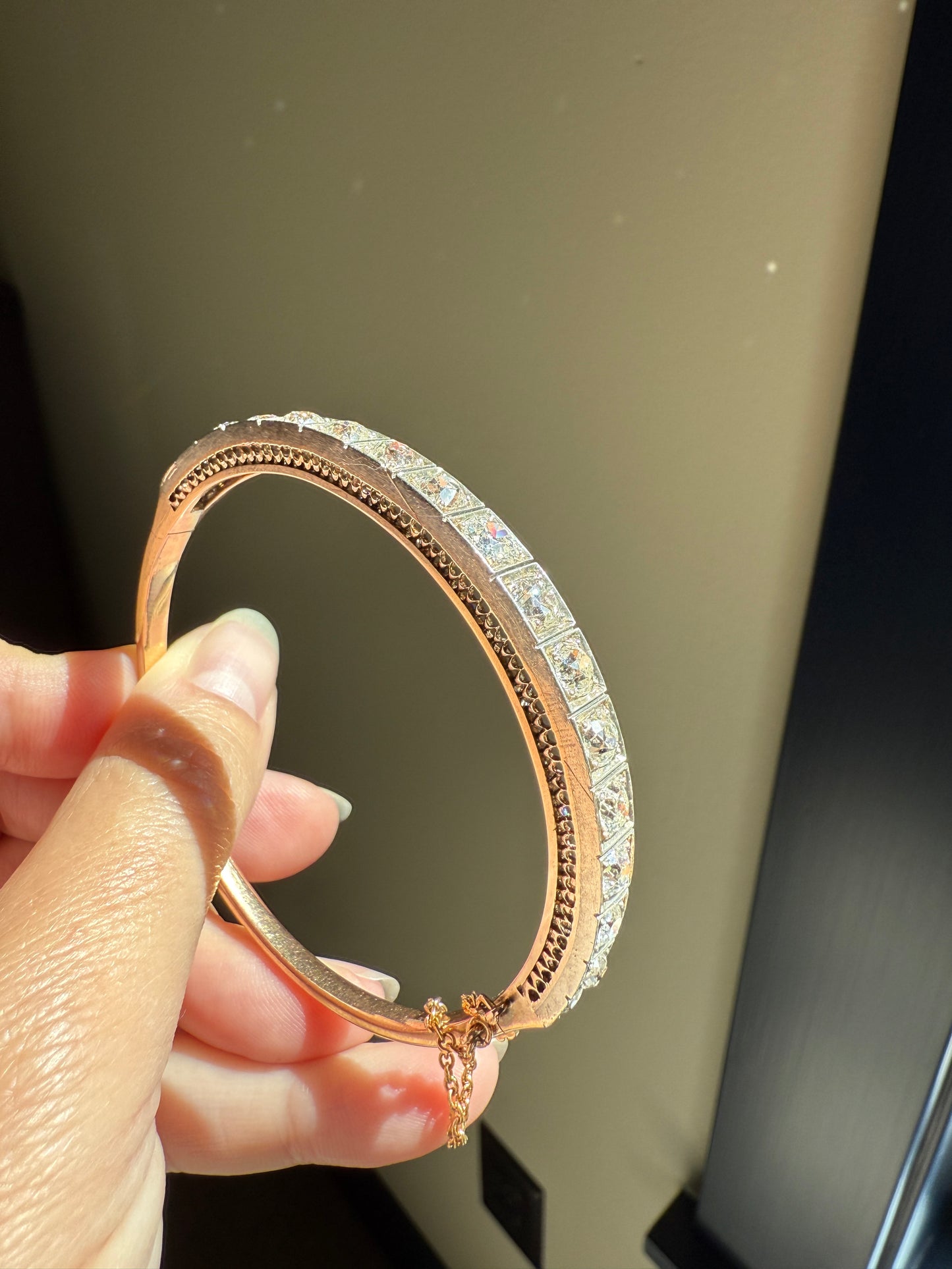 Antique 6.5 CARAT Old Mine Cut DIAMOND Hinged Bangle Line Bracelet 18k Gold Silver Top