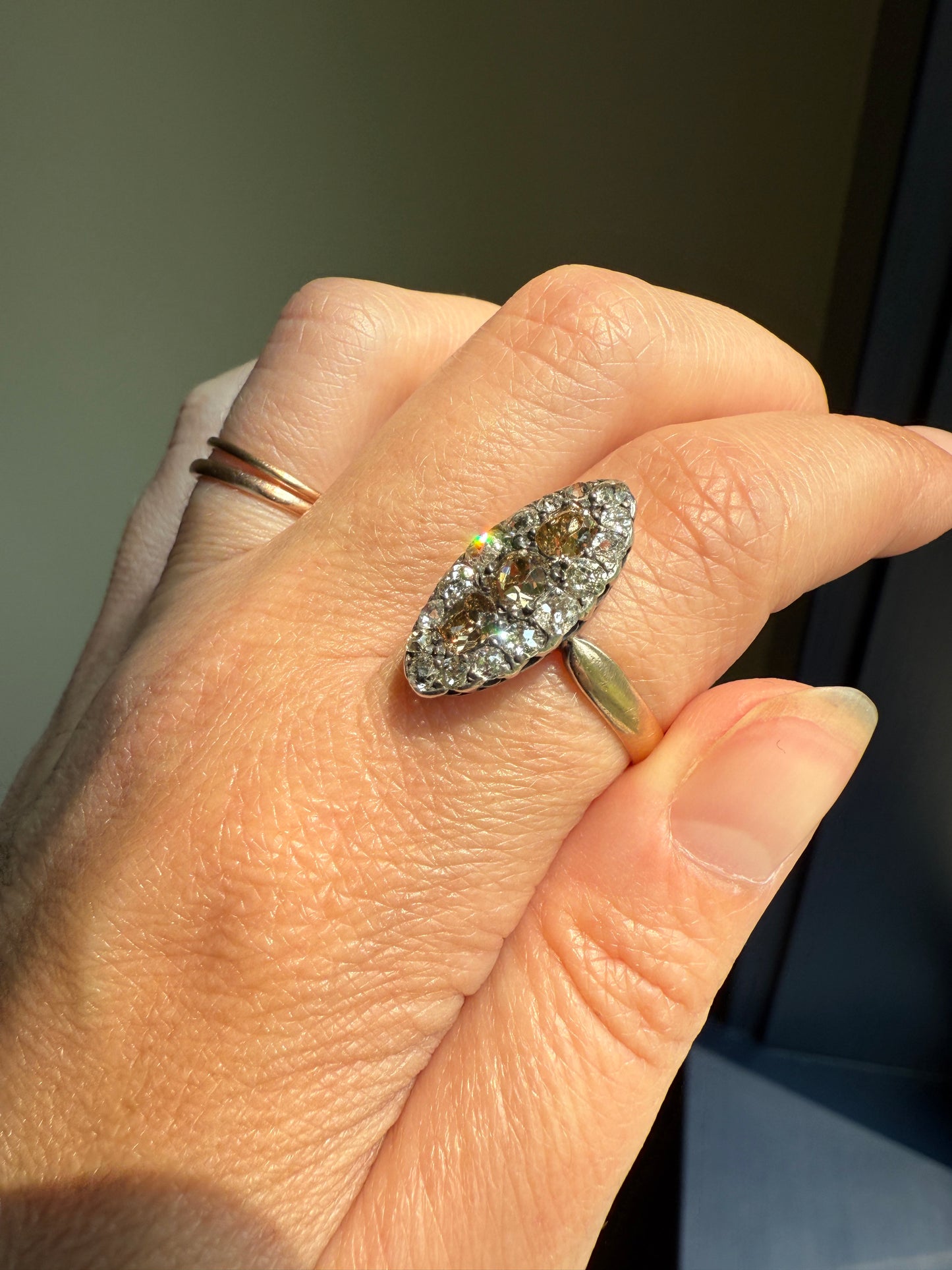 Uncommon 2.25 Carat Fancy Brown & White Halo Old Mine Cut Diamond Navette Ring Oval Victorian Antique 18k Gold Silver