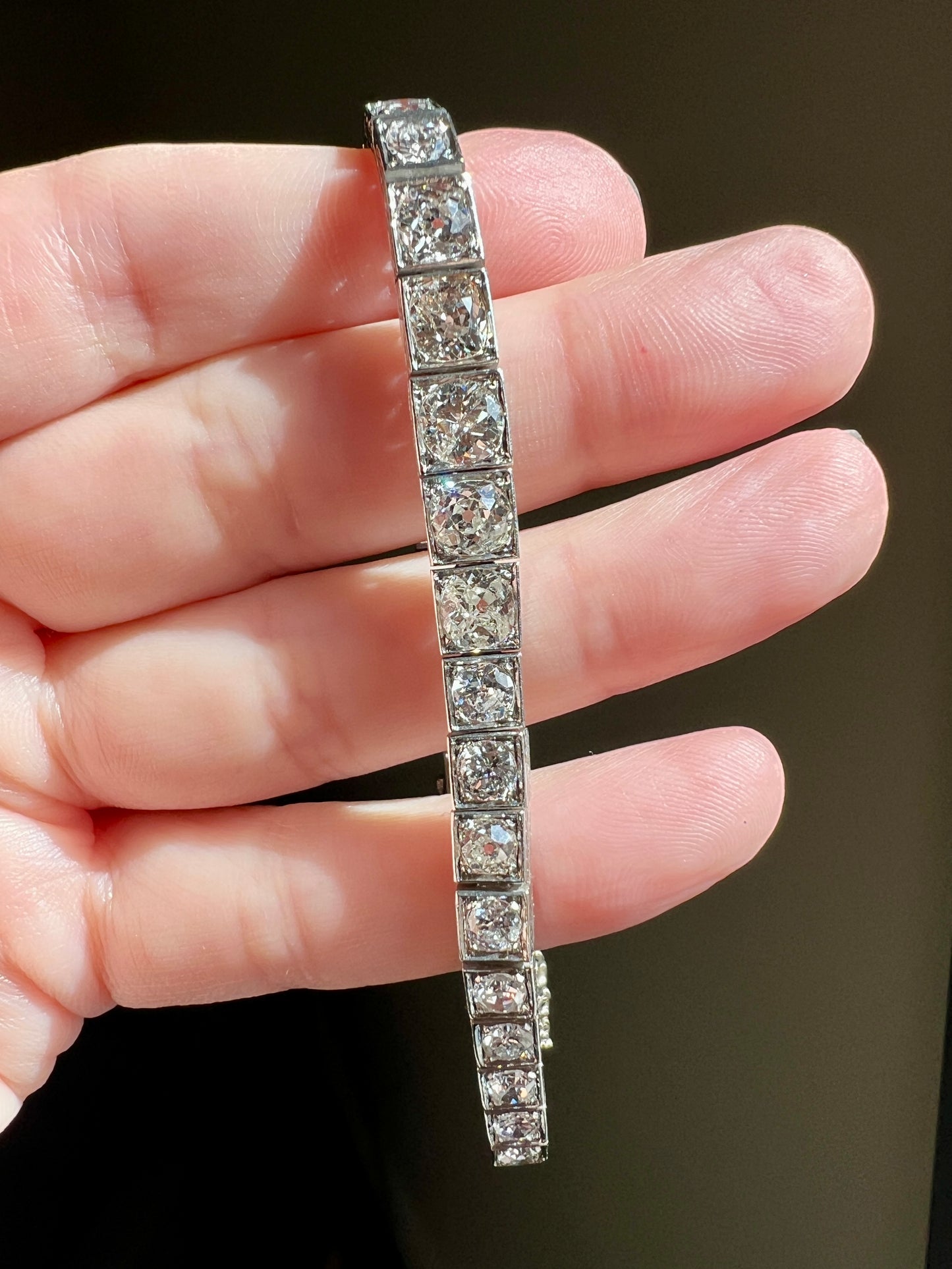Antique 9.75 CARAT 38 Old European & Mine Cut DIAMOND Line Bracelet PLATINUM 18k White Gold French Geometric Engraved Tennis